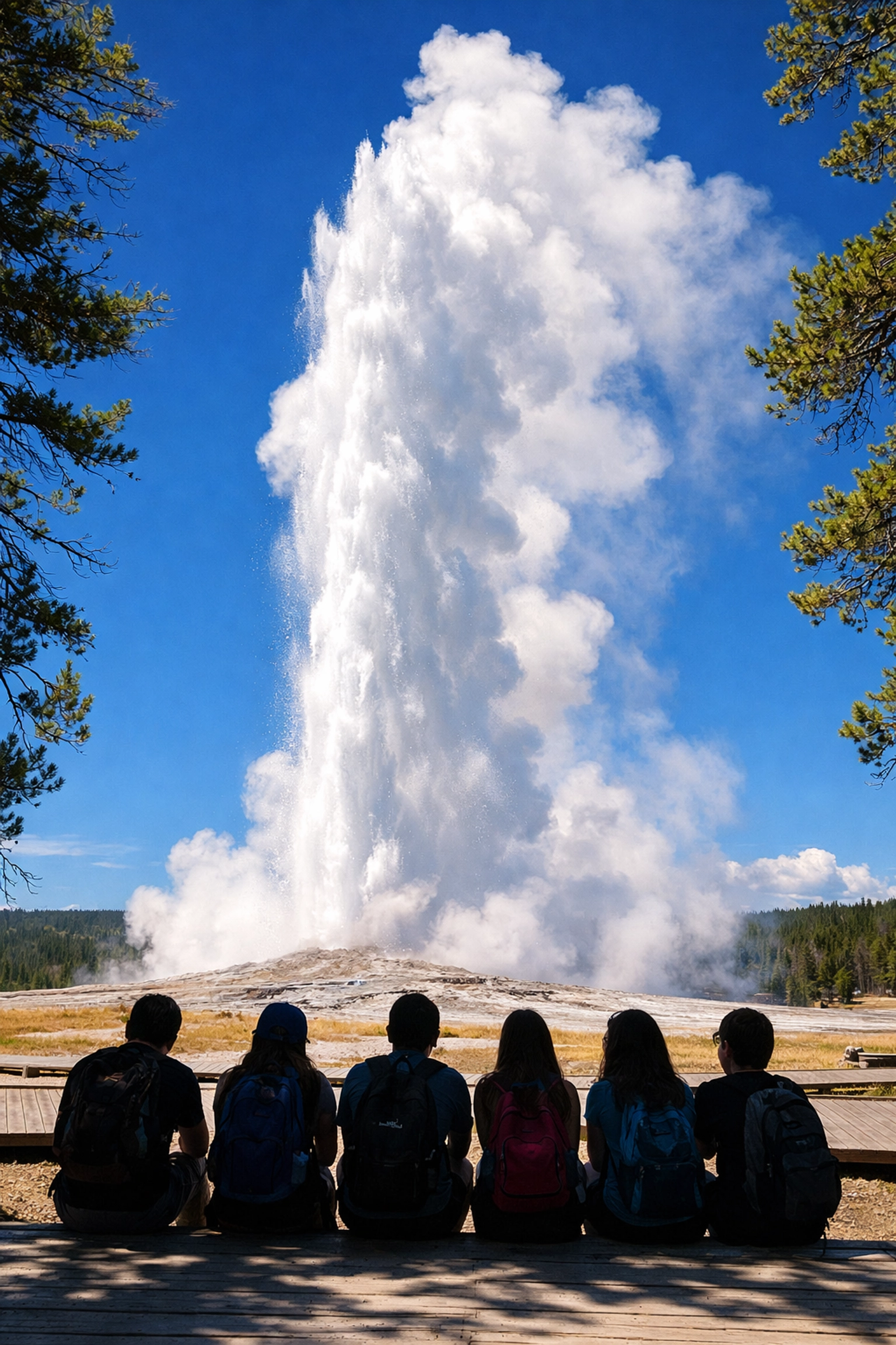Students watching Old Faithful geyser eruption during educational trip to Yellowstone
