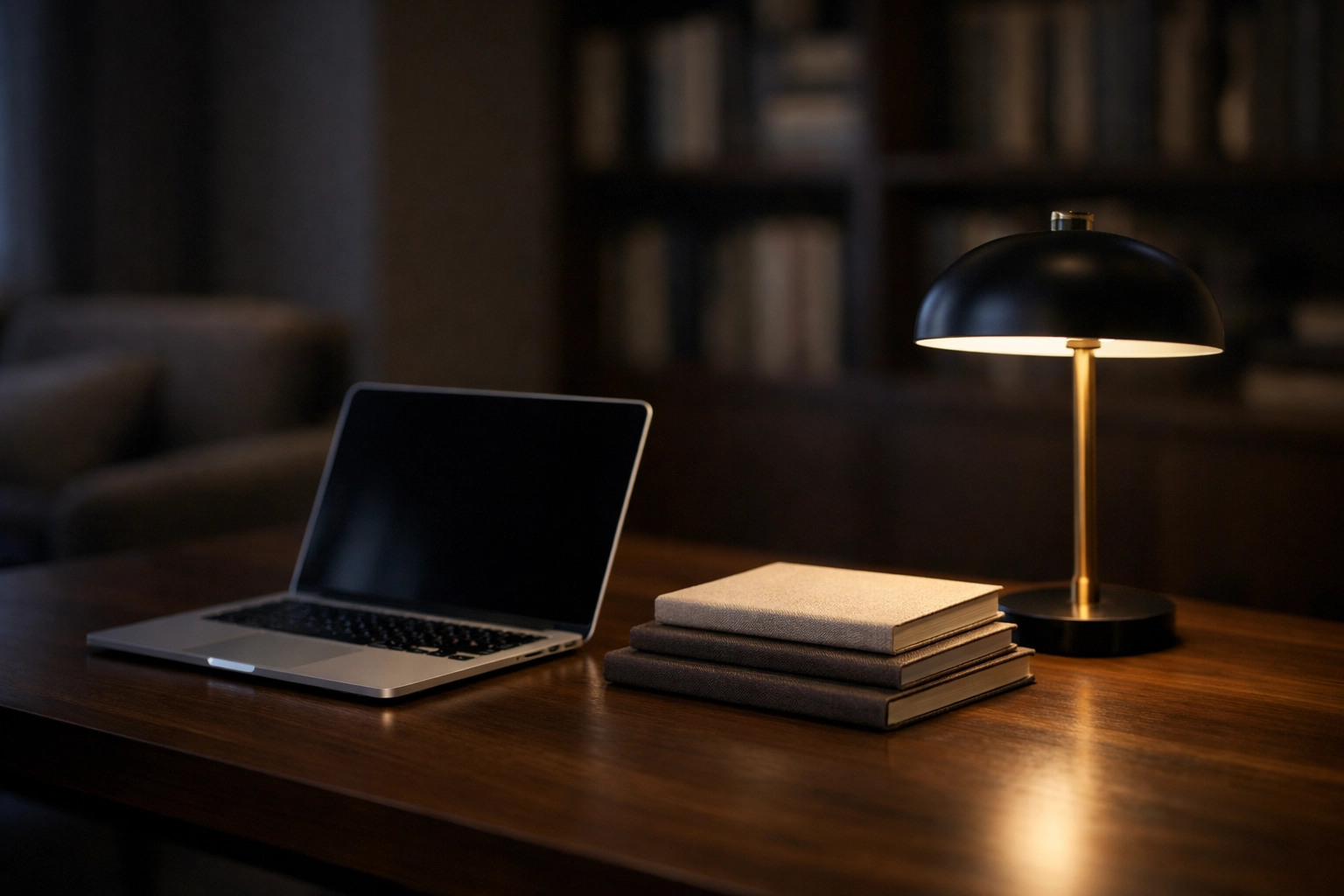 A laptop on a walnut table in a boutique hotel library, illustrating data-driven hotel management software.