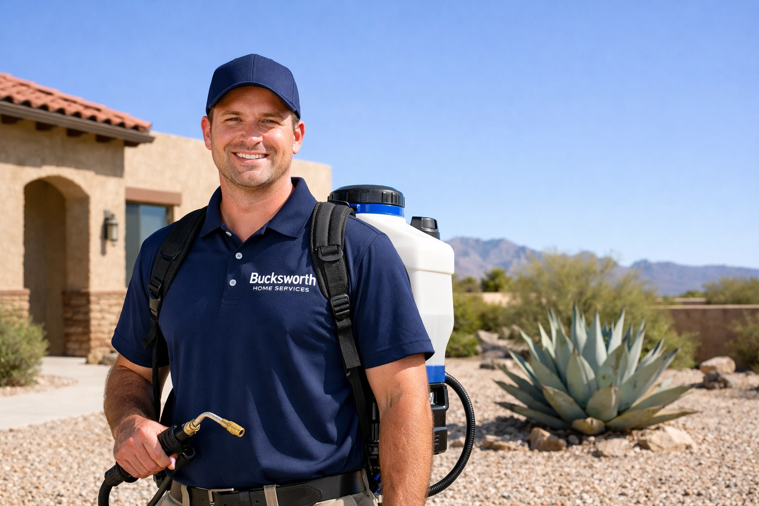 Bucksworth technician with a Flozone backpack performing the best pest control in Tucson AZ for desert pests.