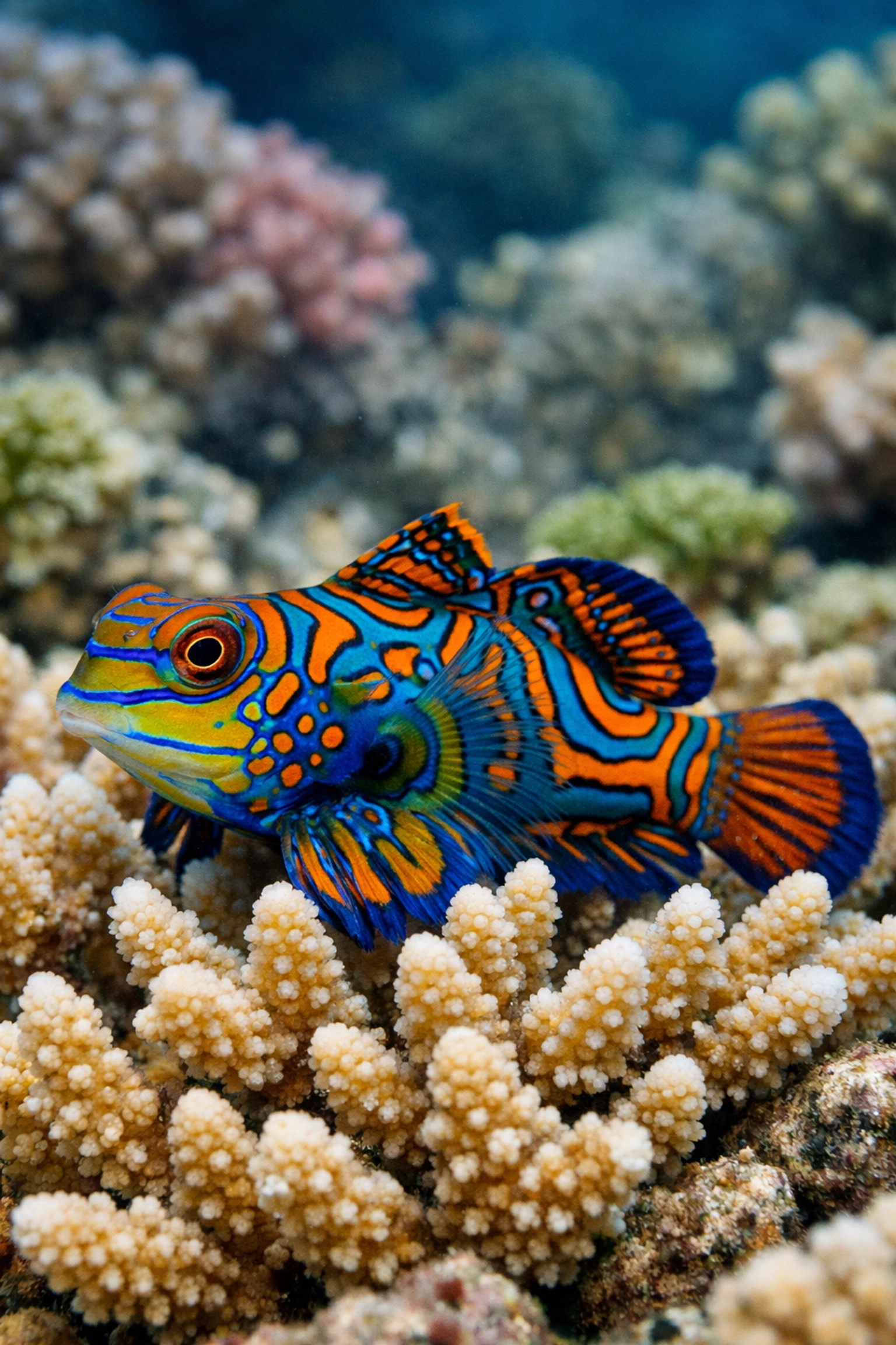 Close-up of a Mandarin Dragonet on staghorn coral highlighting biodiversity in aquarium marketing.