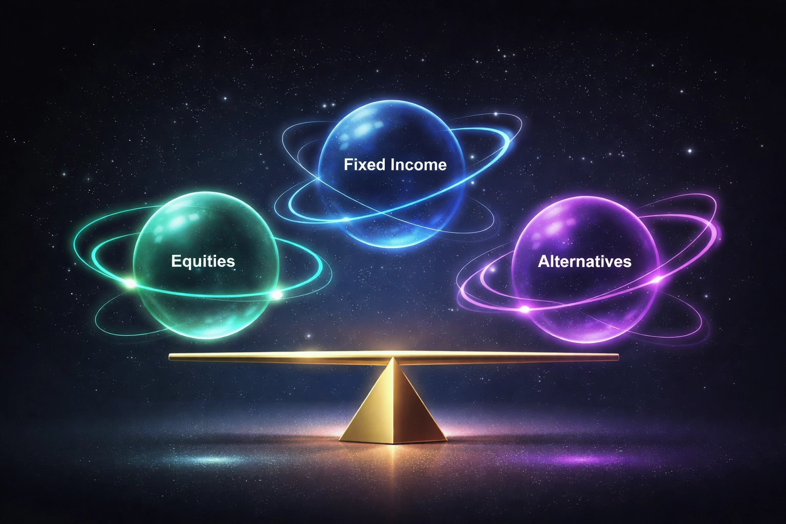 Visual representation of equities, fixed income, and alternatives in balance within a 40/30/30 portfolio