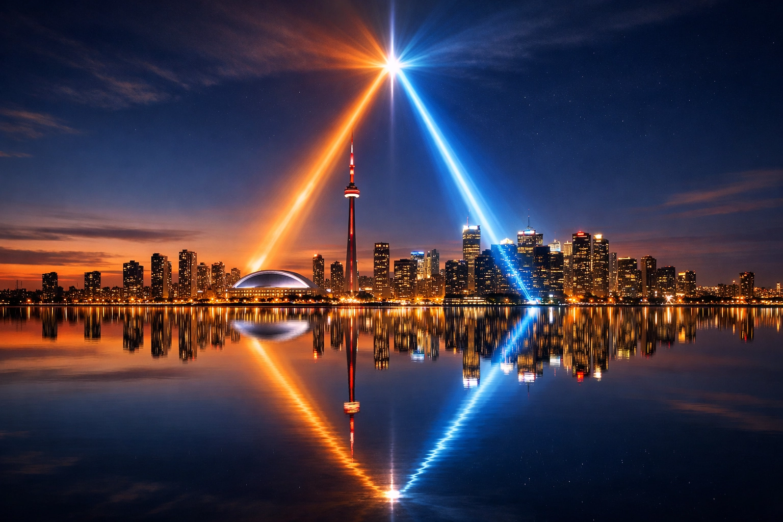 Converging light beams over the Toronto skyline symbolizing the synergy of integrated SEO and PPC.