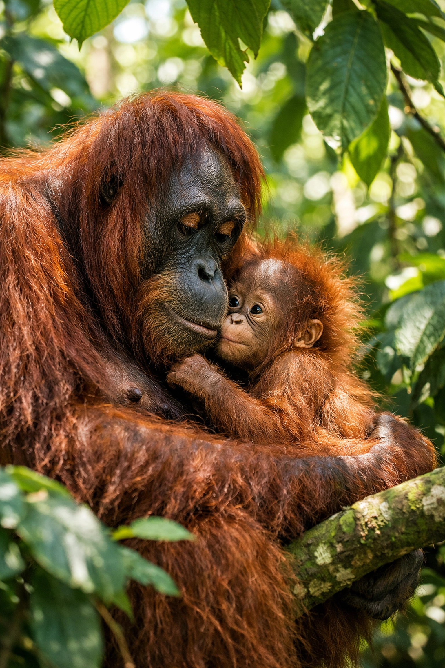Mother and baby orangutan in the rainforest, illustrating the power of conservation storytelling.