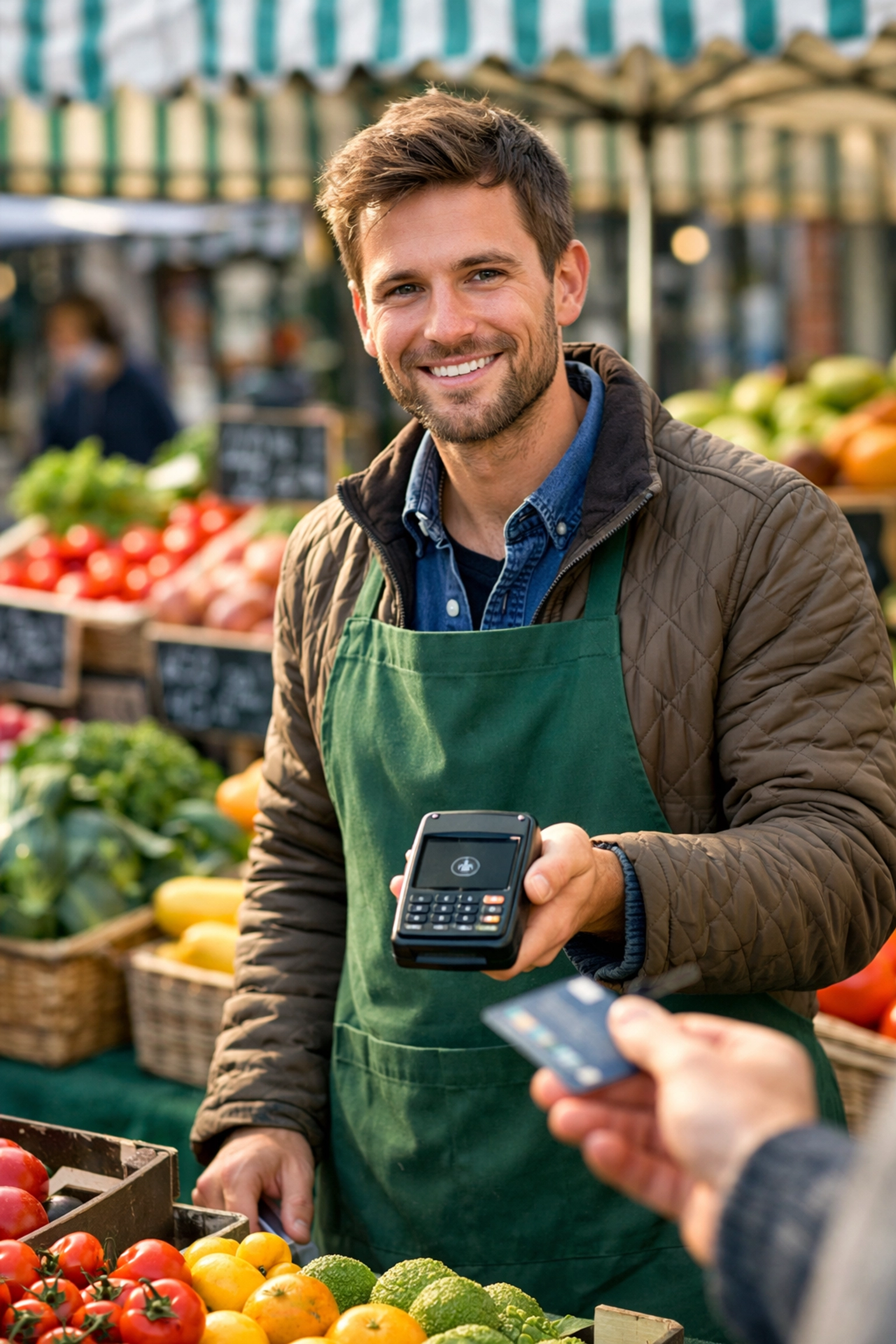 Market trader using SumUp mobile card reader at outdoor farmers market