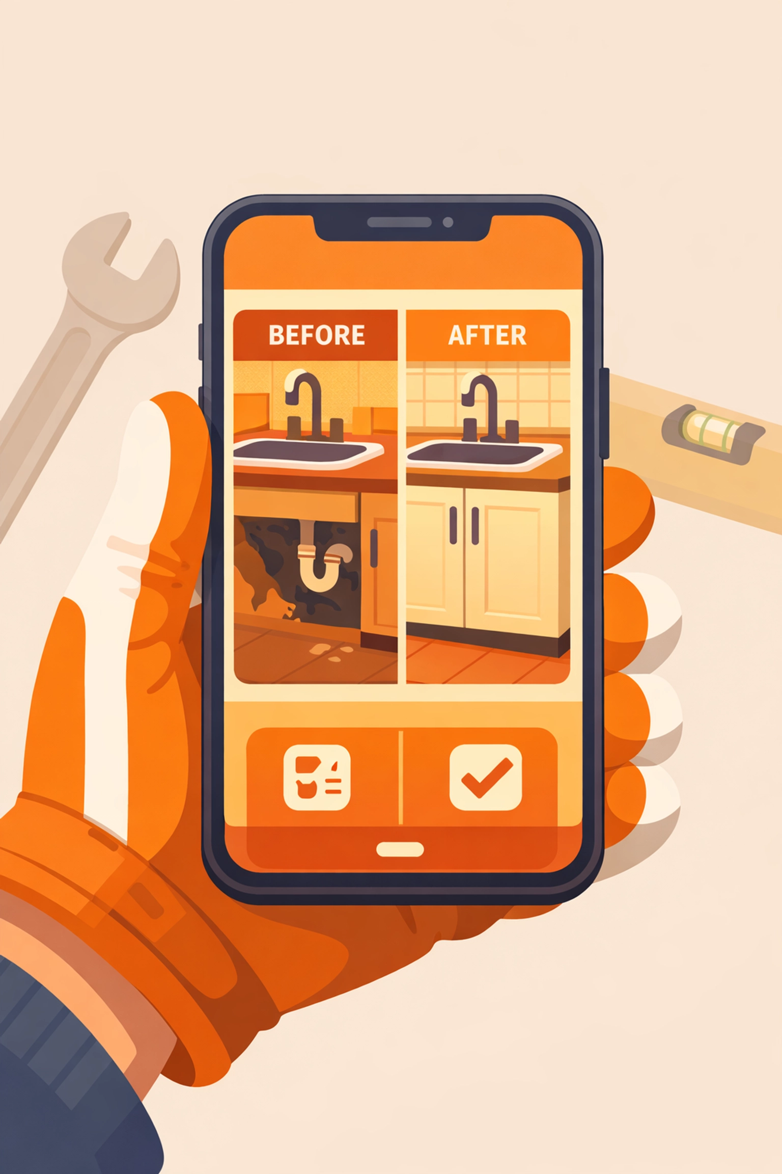 Contractor using smartphone to view before and after photos of completed repair job