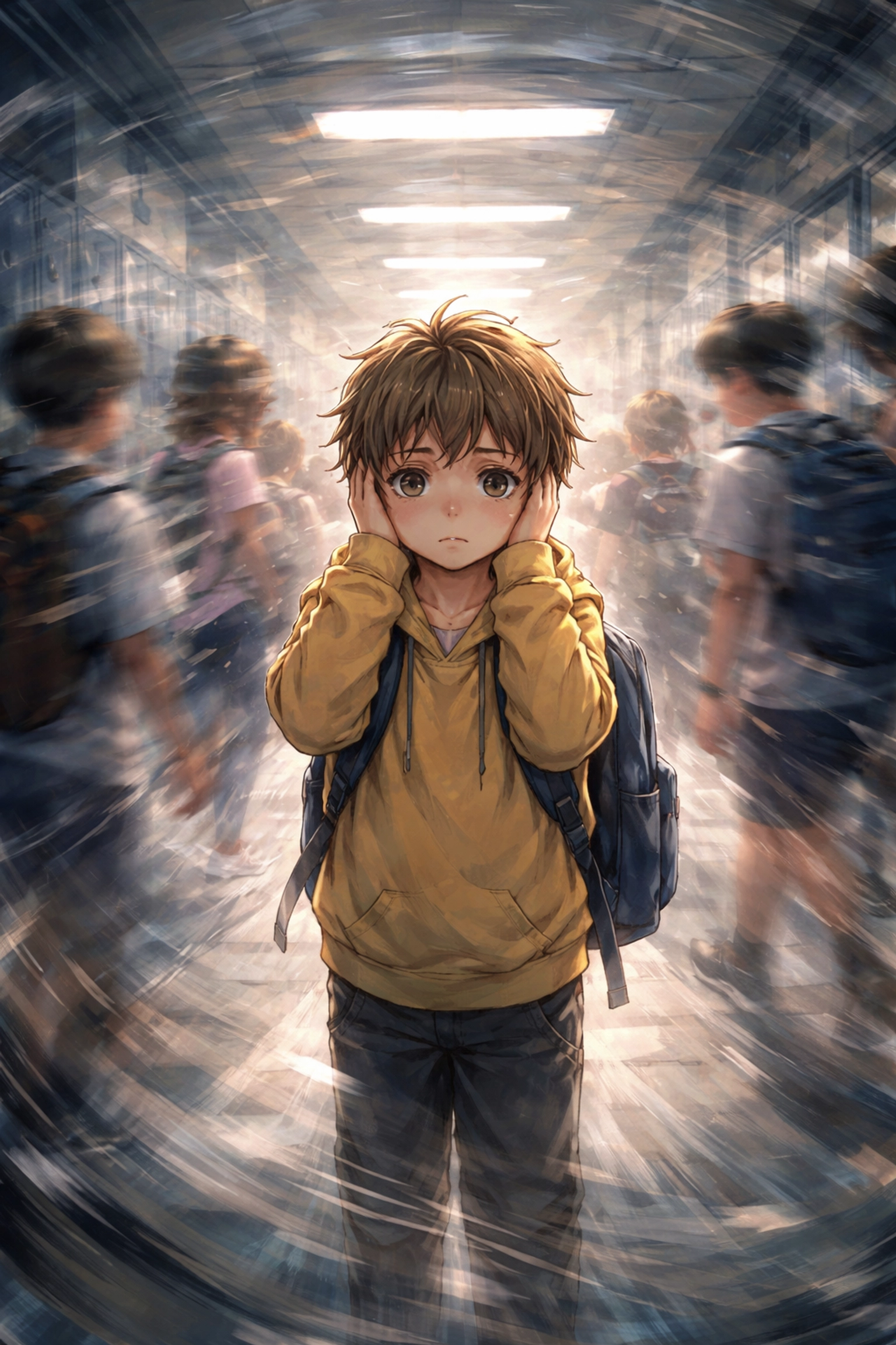 An overwhelmed neurodivergent child experiencing sensory overload in a noisy school hallway.