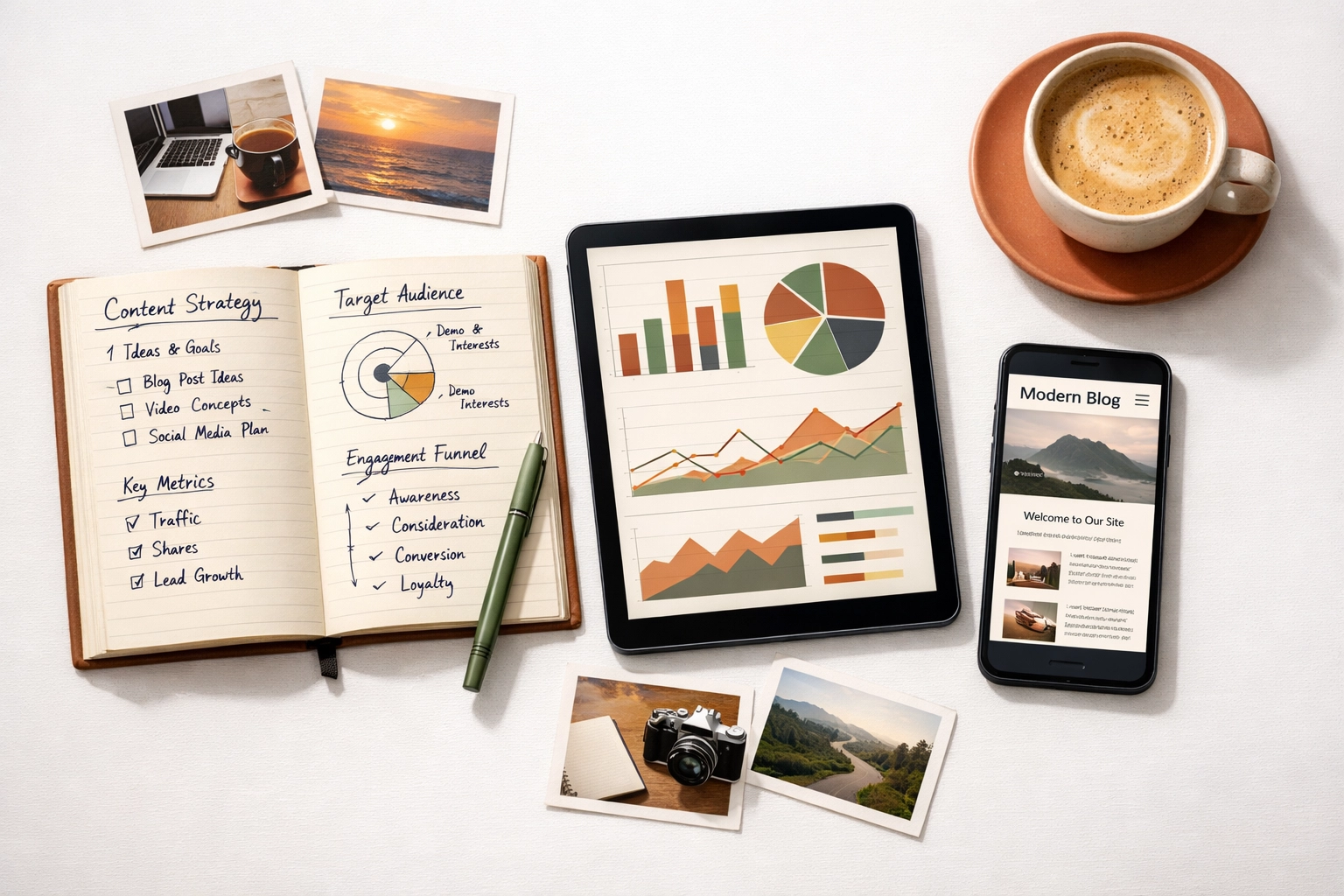 Content creation workspace with notebook, tablet, smartphone and photos for multimodal strategy