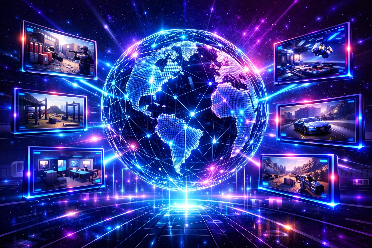 Global map with digital screens showing consistent virtual reality training for remote teams.