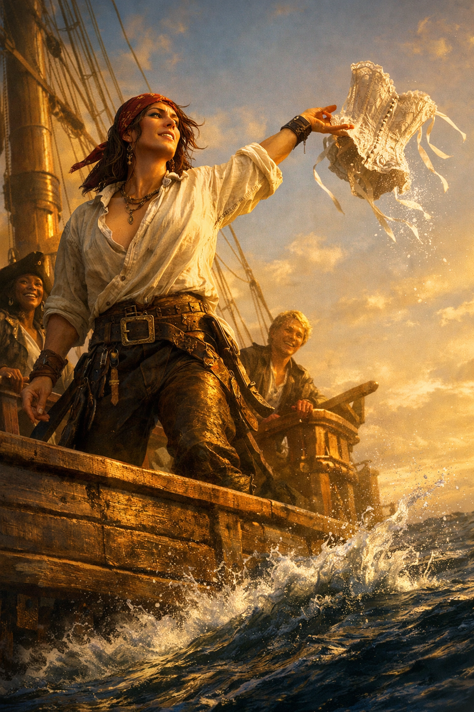 A gender-fluid pirate discarding a restrictive corset on a ship deck, symbolizing freedom at sea.
