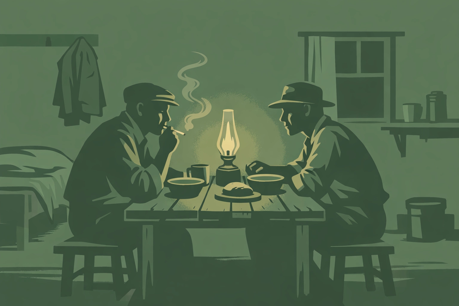 Orchard workers sharing meal in 1920s quarters, intimate moment in MM historical fiction