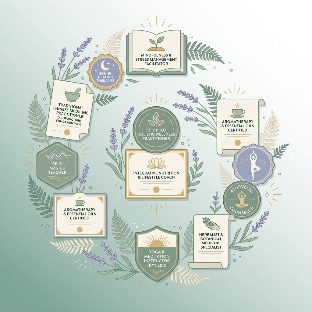 Holistic health credentials and certifications illustrated with gentle botanical elements for practitioner verification