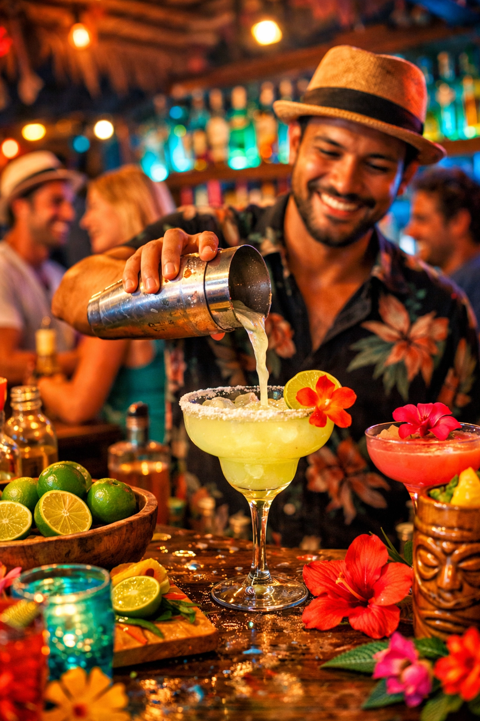 Bartender crafting tropical cocktails at a Puerto Vallarta beach bar while solo travelers socialize