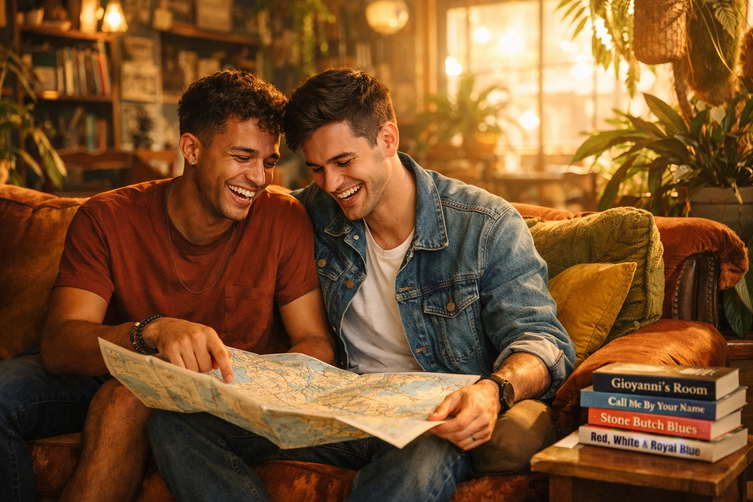 Two gay backpackers planning their trip in a cozy, queer-friendly hostel common room.