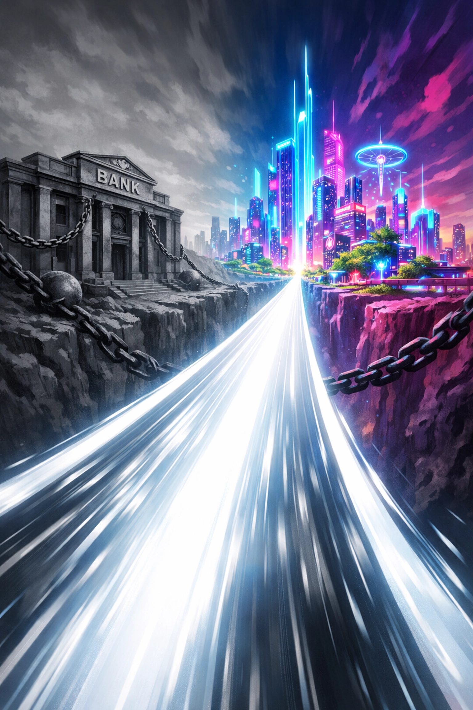 A bridge of light connecting legacy banking to a futuristic Web3 city, representing the shift to Larecoin.ai payments.