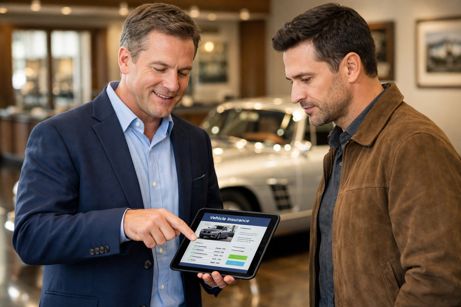 Insure Connecticut advisor discussing collector car insurance coverage and valuations with a vehicle owner.