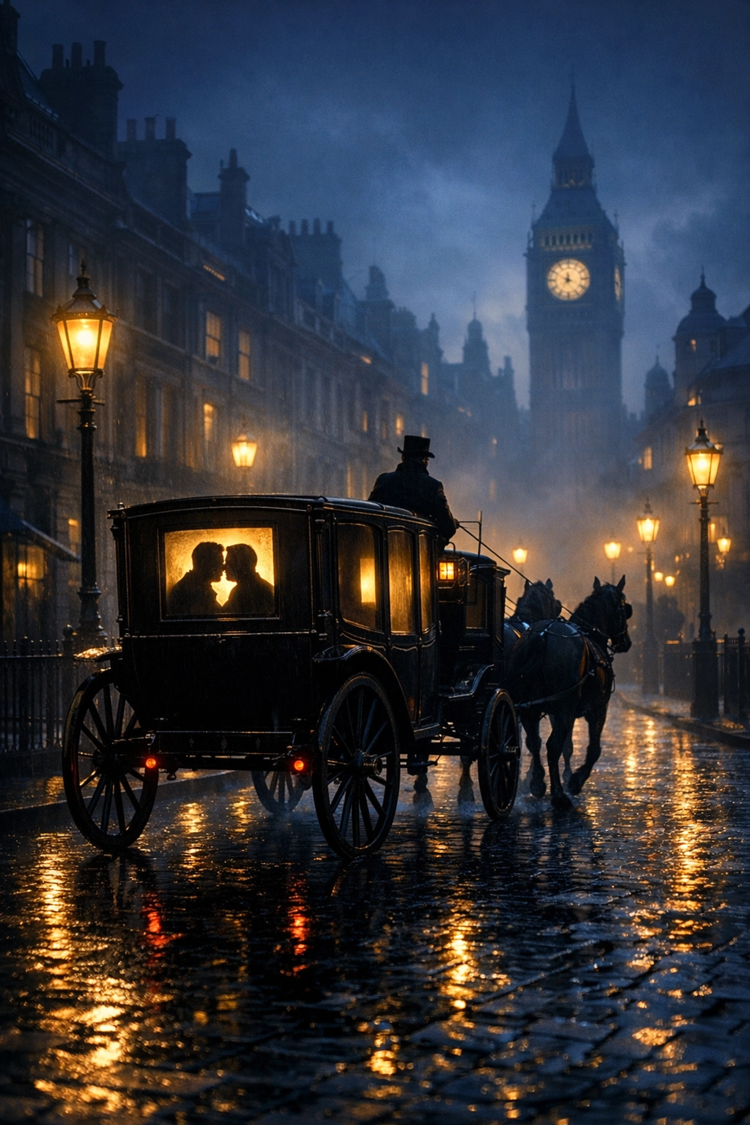 A horse-drawn carriage on a cobblestone London street representing a classic gay historical romance setting.