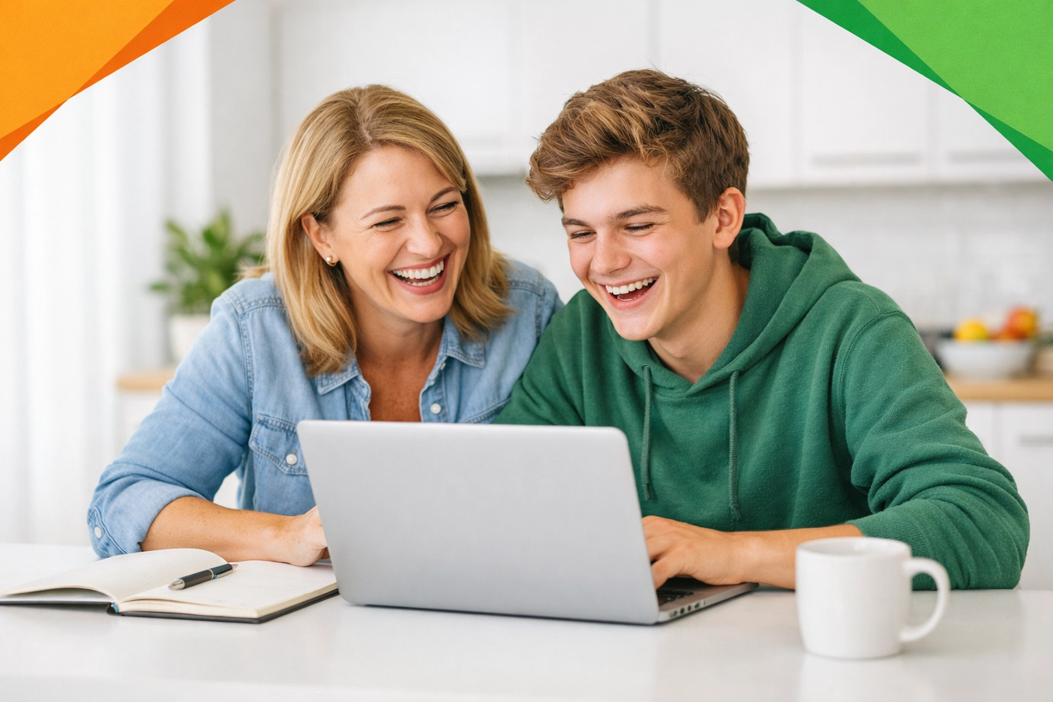A mother and son learning together on the Complete Life Skills Platform at home.