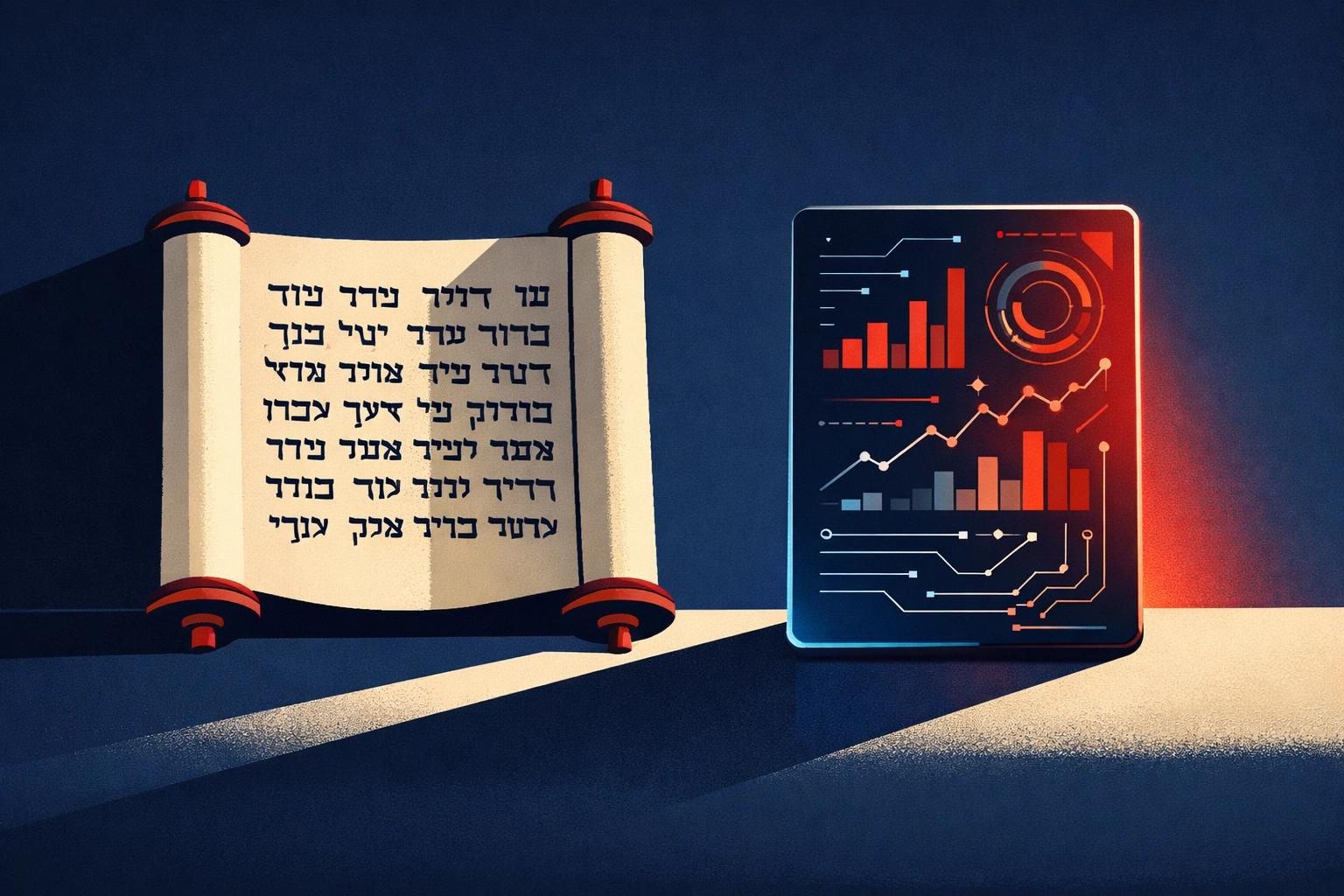 Ancient biblical scroll beside modern digital tablet illustrating timeless wisdom meeting AI innovation