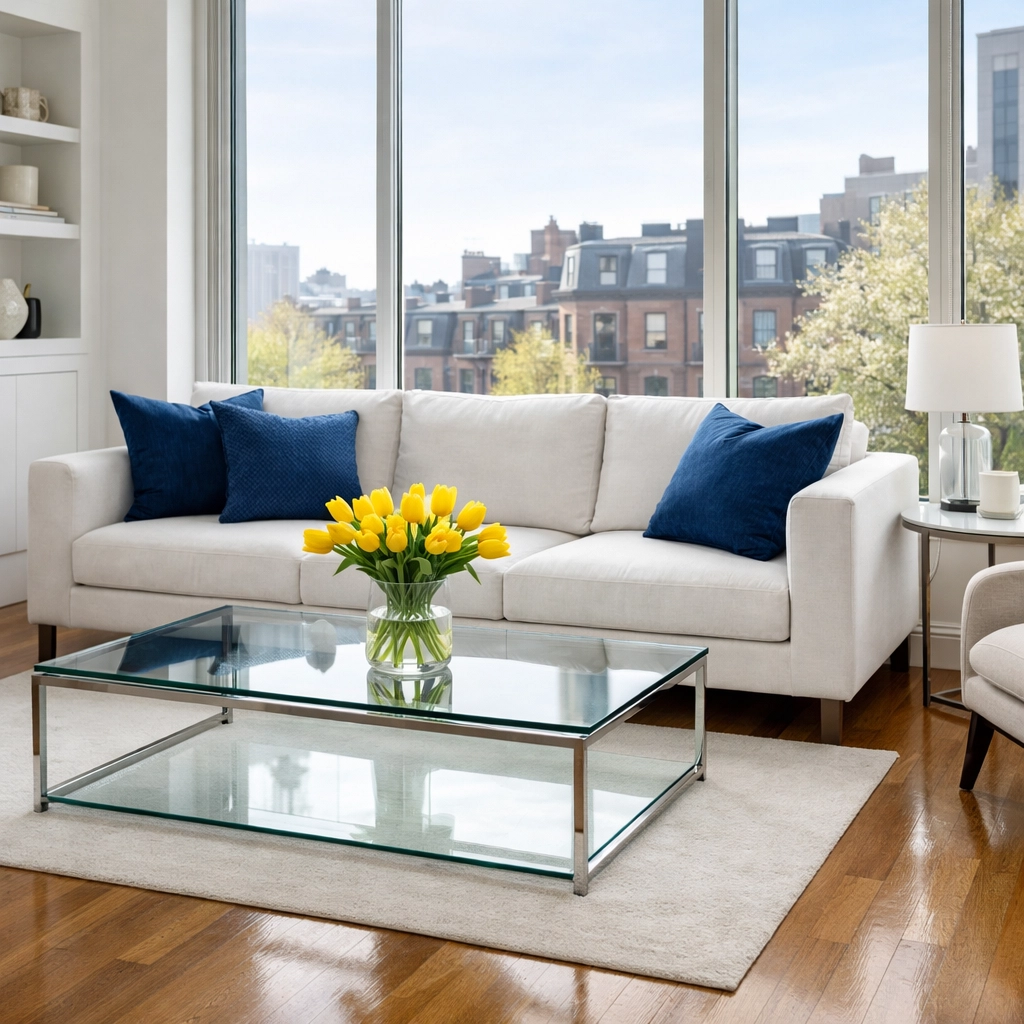 A bright and tidy luxury living room following a professional apartment cleaning in Massachusetts.