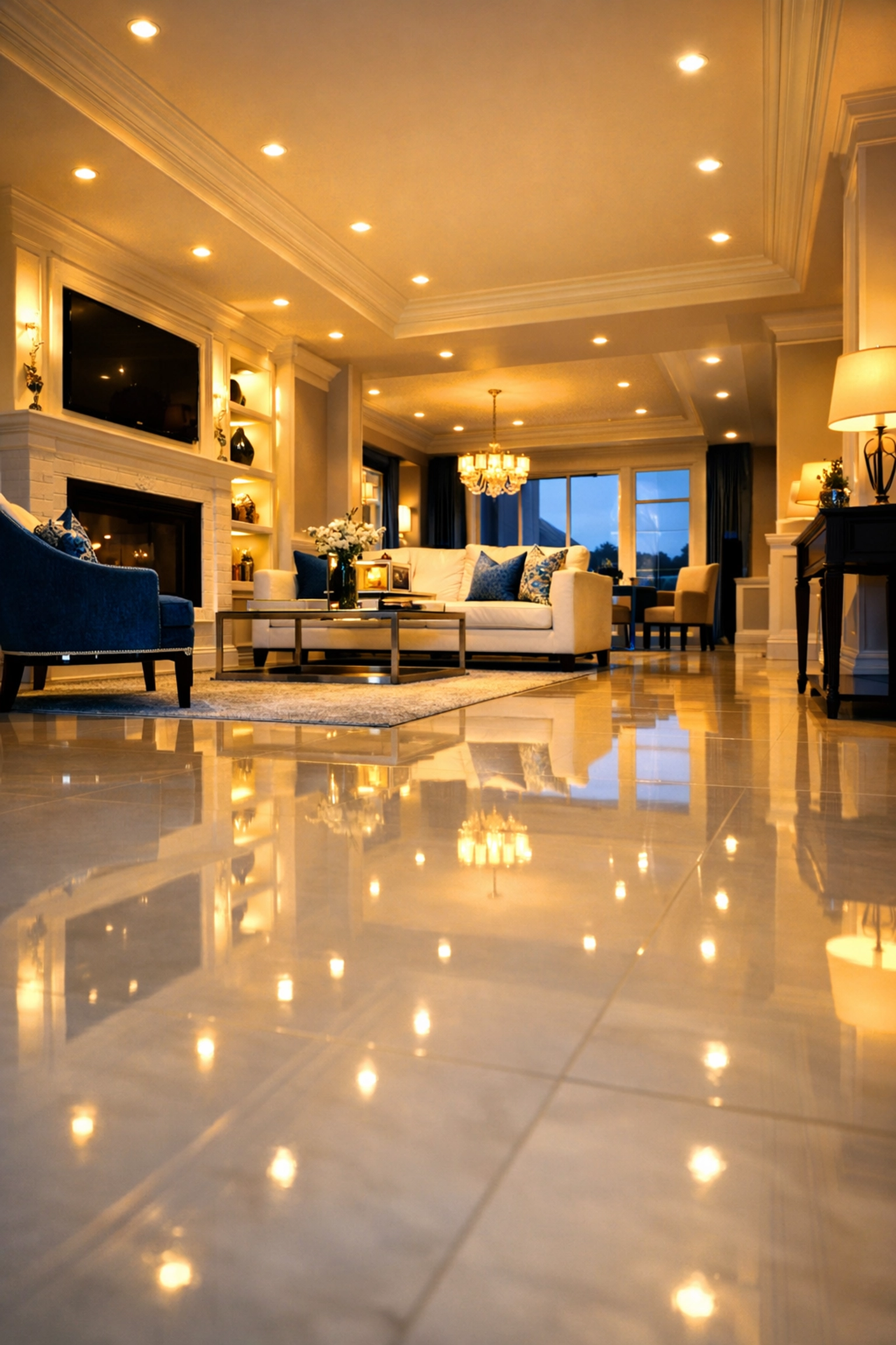 Reflective polished stone floors in a luxury Sudbury home after a professional deep cleaning service.