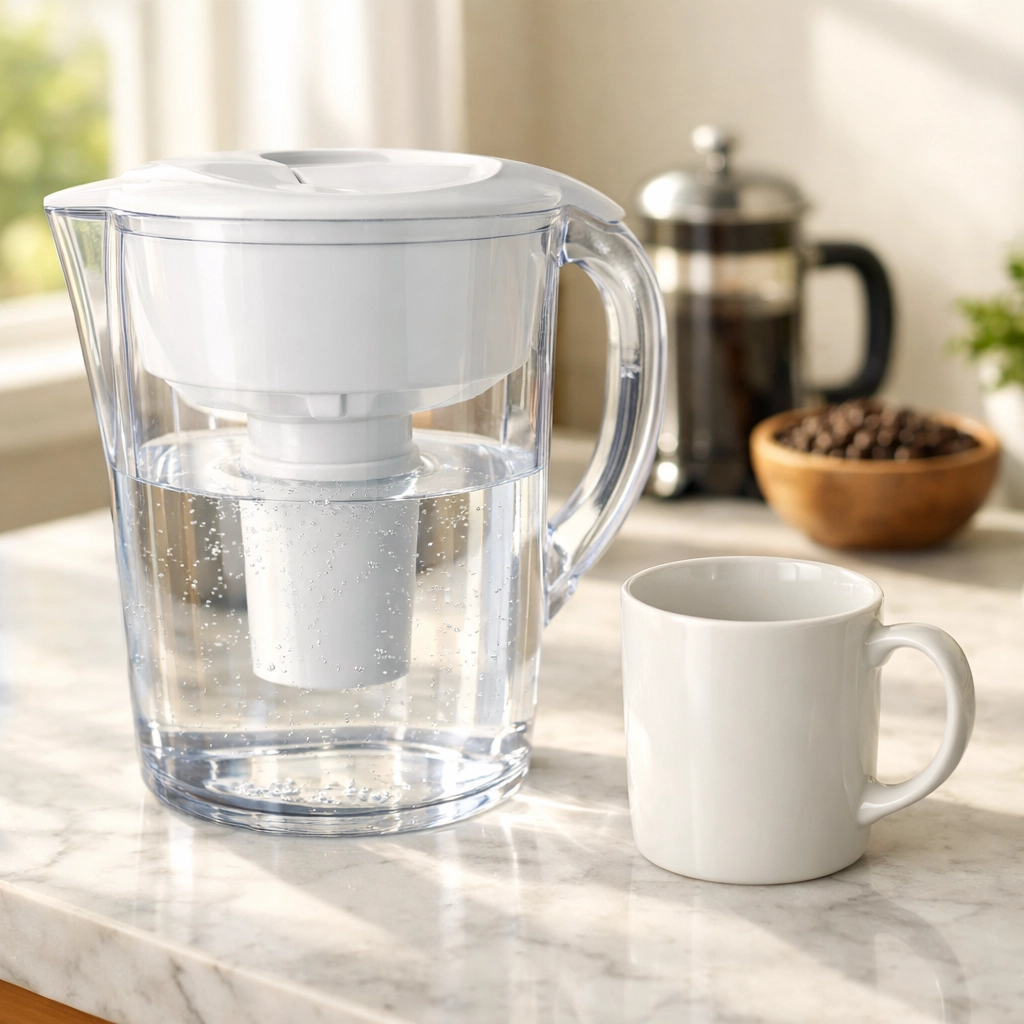 Water filter jug and coffee mug on kitchen counter for better tasting coffee