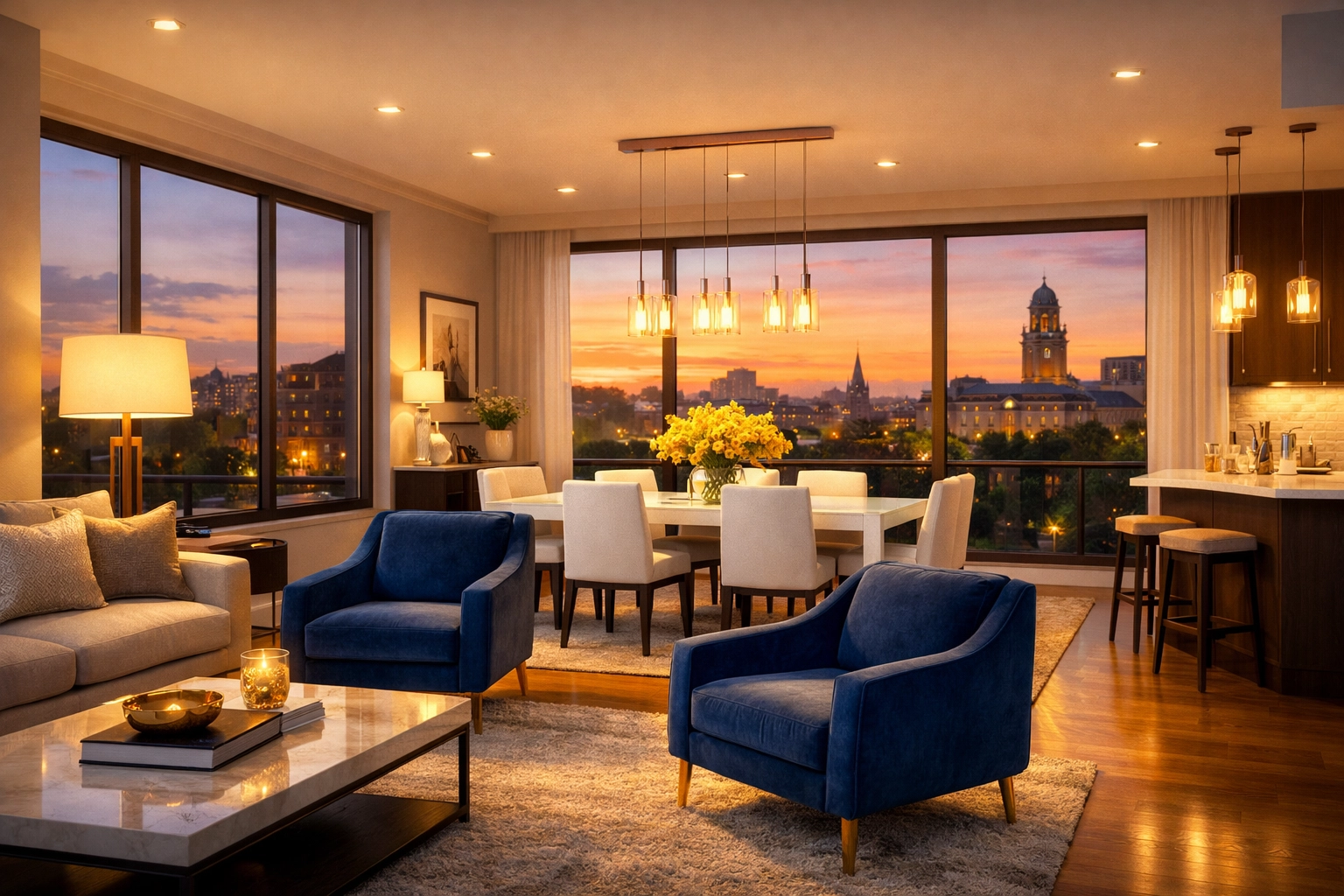 Modern Worcester living space with a skyline view after a professional deep cleaning Worcester.