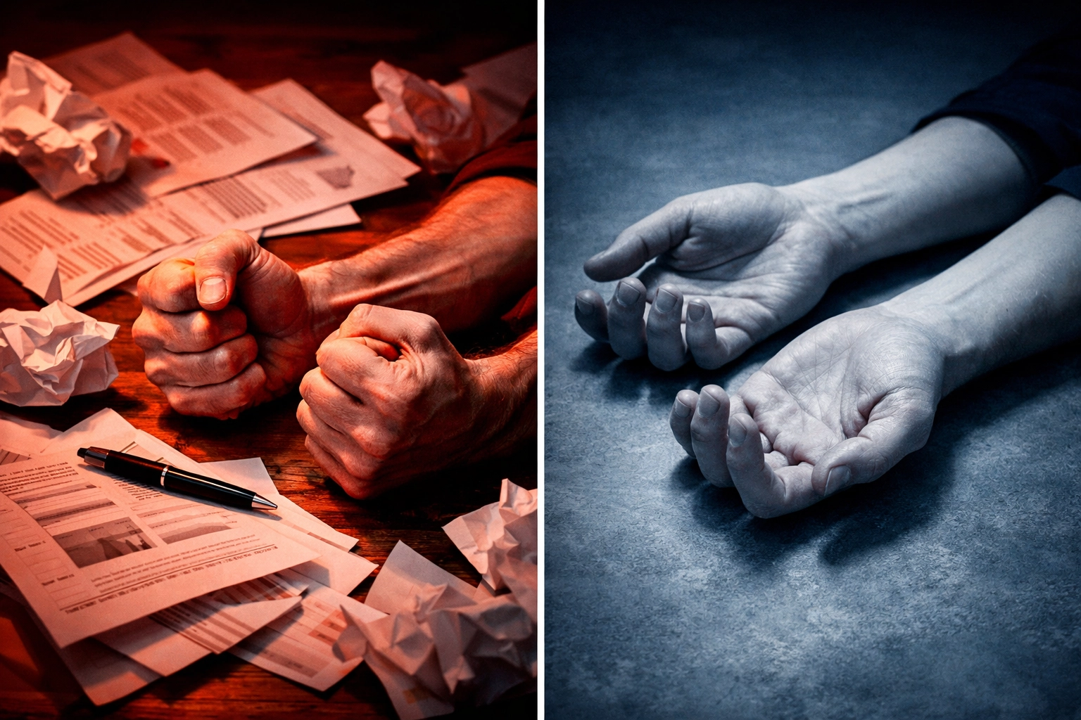 Hands clenched in frustration versus lying limp showing extreme mood swings and emotional numbness