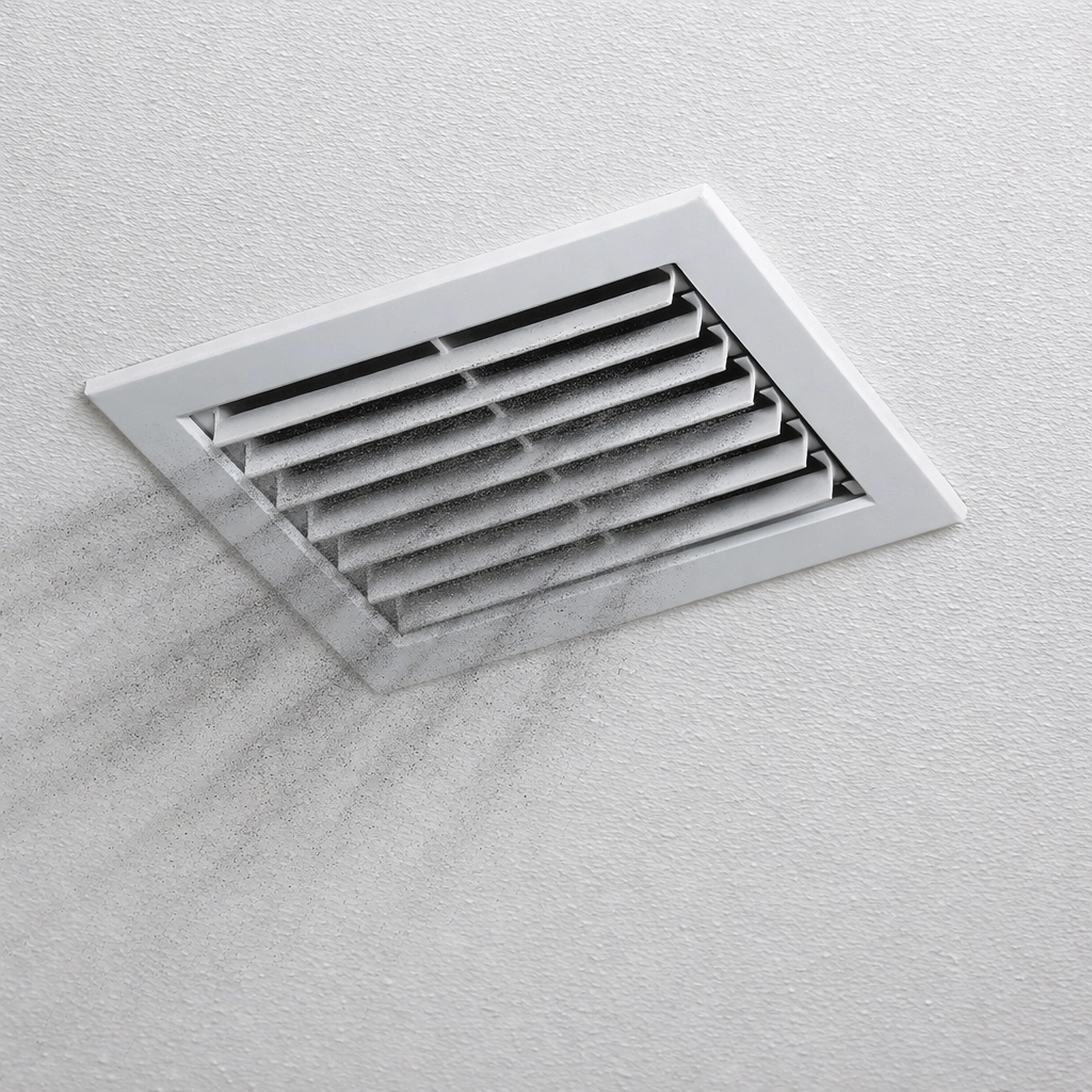 Soot streaks spreading from an HVAC vent on a white ceiling after a fire in a Charlotte, NC home.