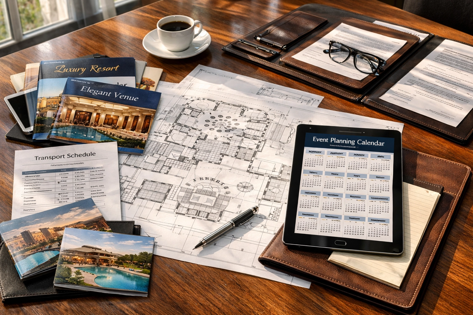 Super Bowl corporate event planning workspace with schedules and strategic timelines