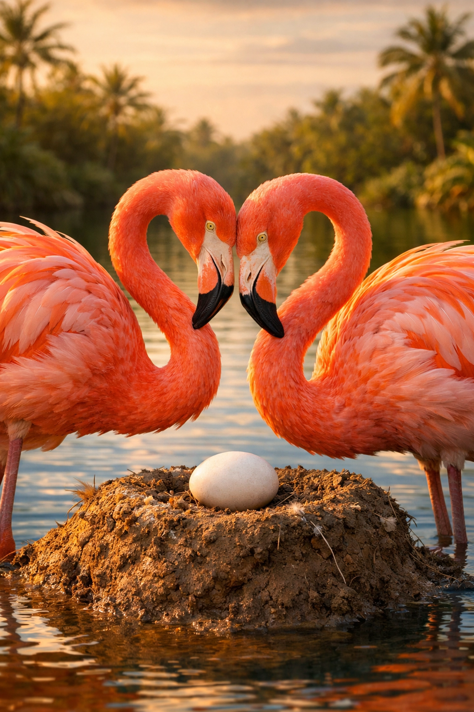 Male flamingo pair doting on an egg in their nest, illustrating natural queer parenting.