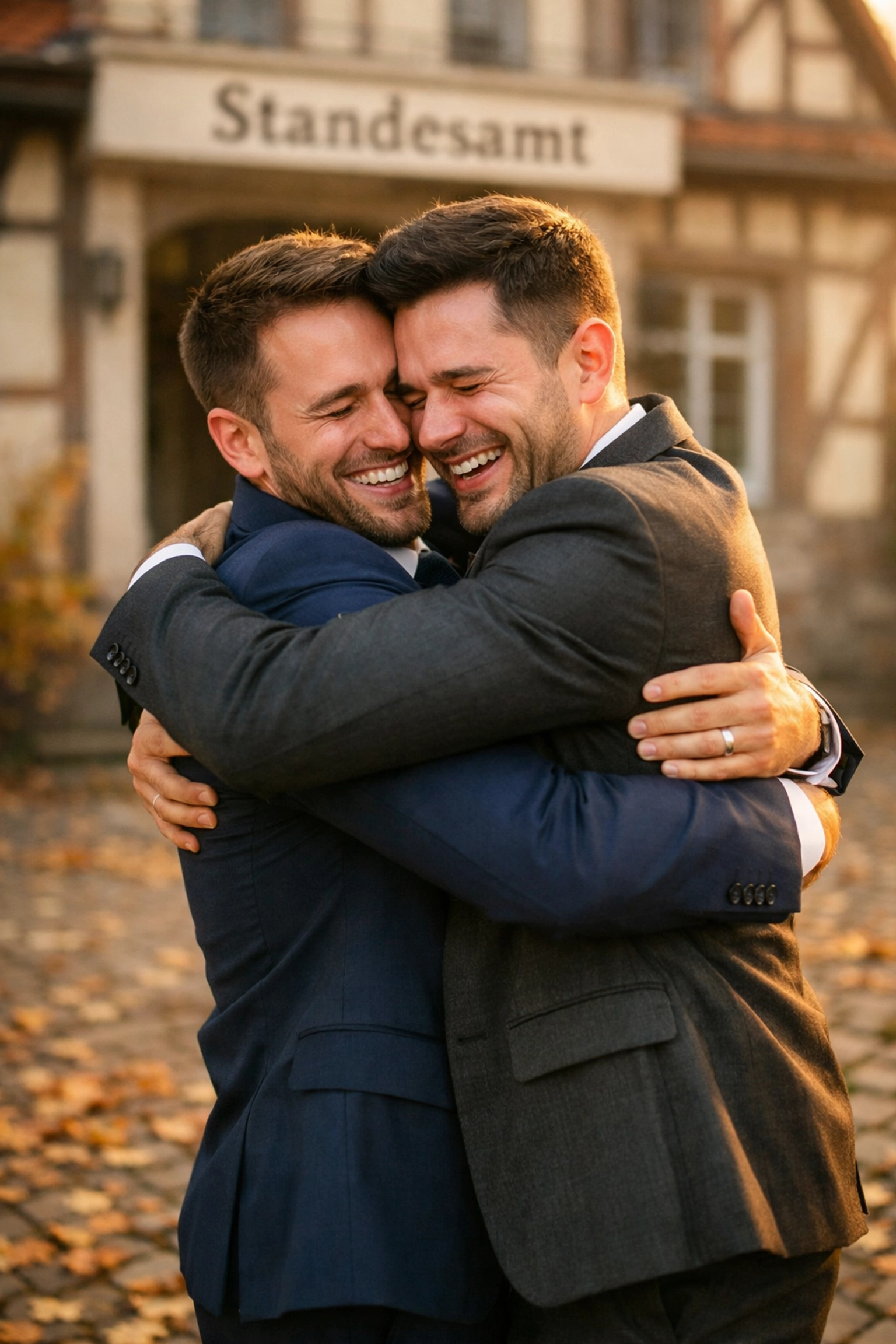 Gay couple celebrating marriage equality outside German registry office in joyful embrace