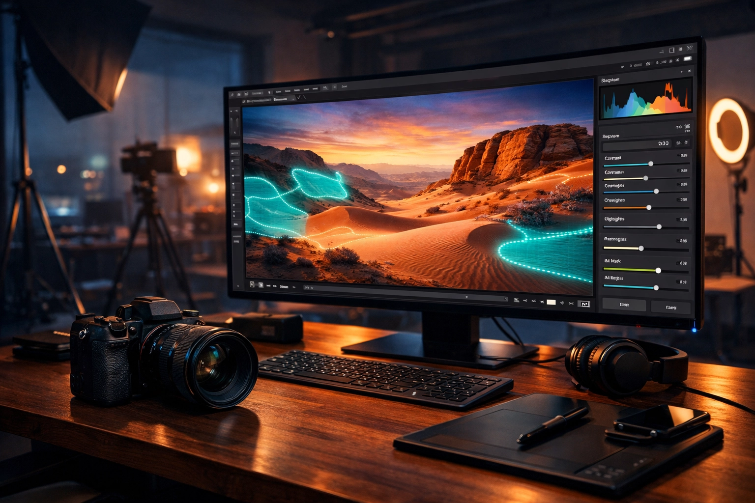AI-driven photo editing software on a monitor in a professional photography studio.
