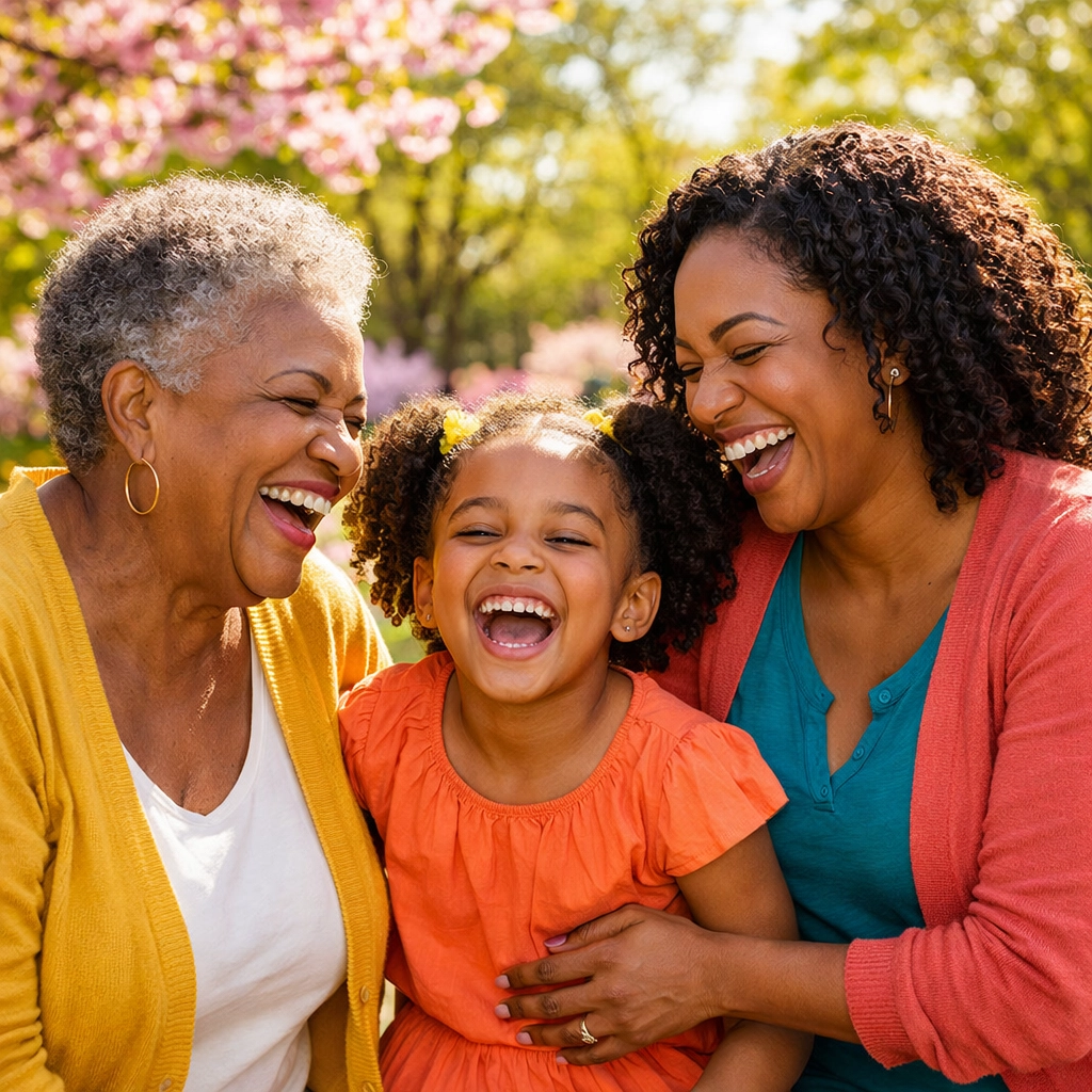 Three generations of Black women in a Burlington County park celebrating family resilience and joy.