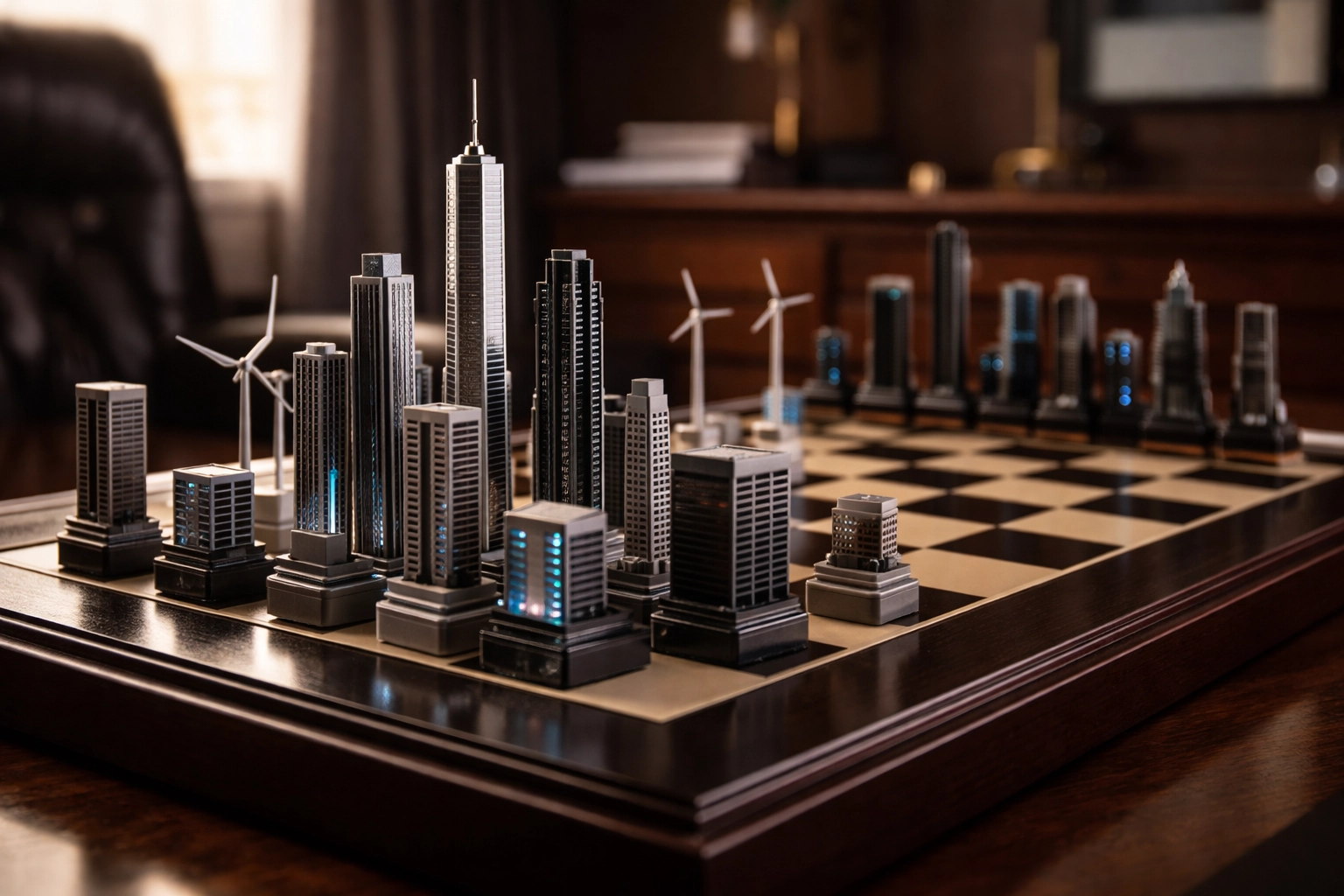 Chess board with architectural models representing strategic private equity decision-making and asset selection.