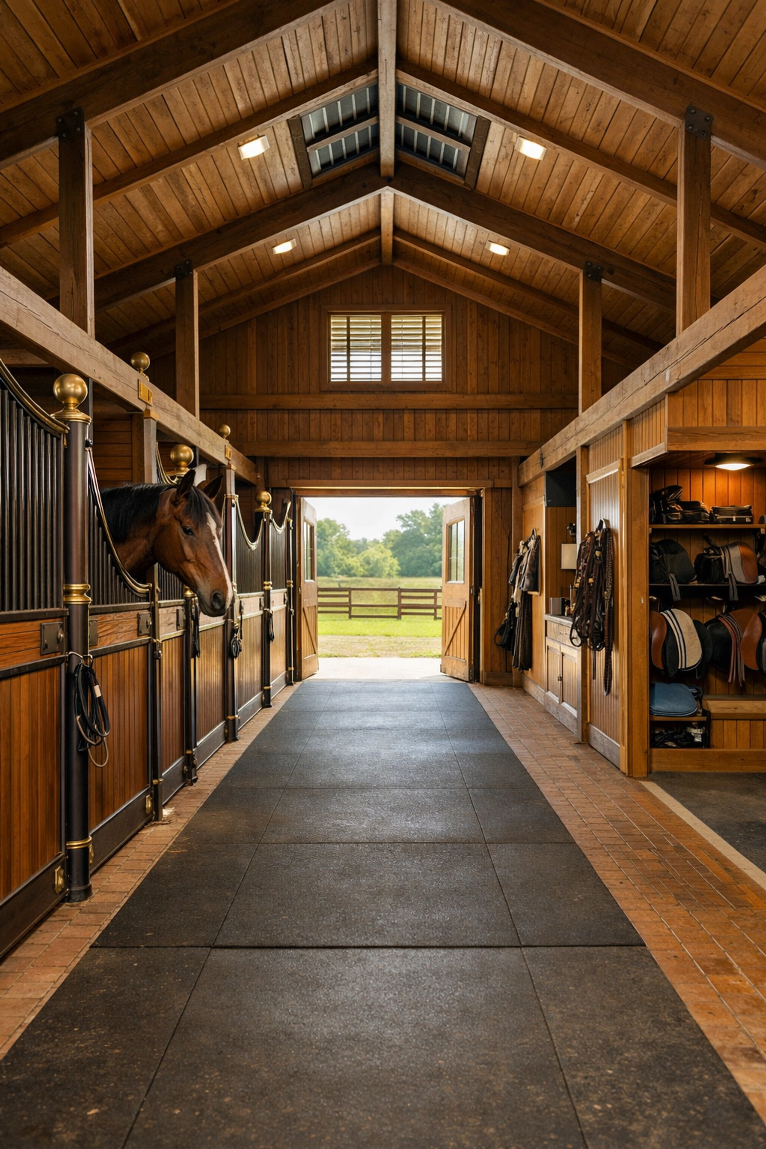 Center aisle barn interior showing horse stalls and tack room at Waxhaw equestrian property