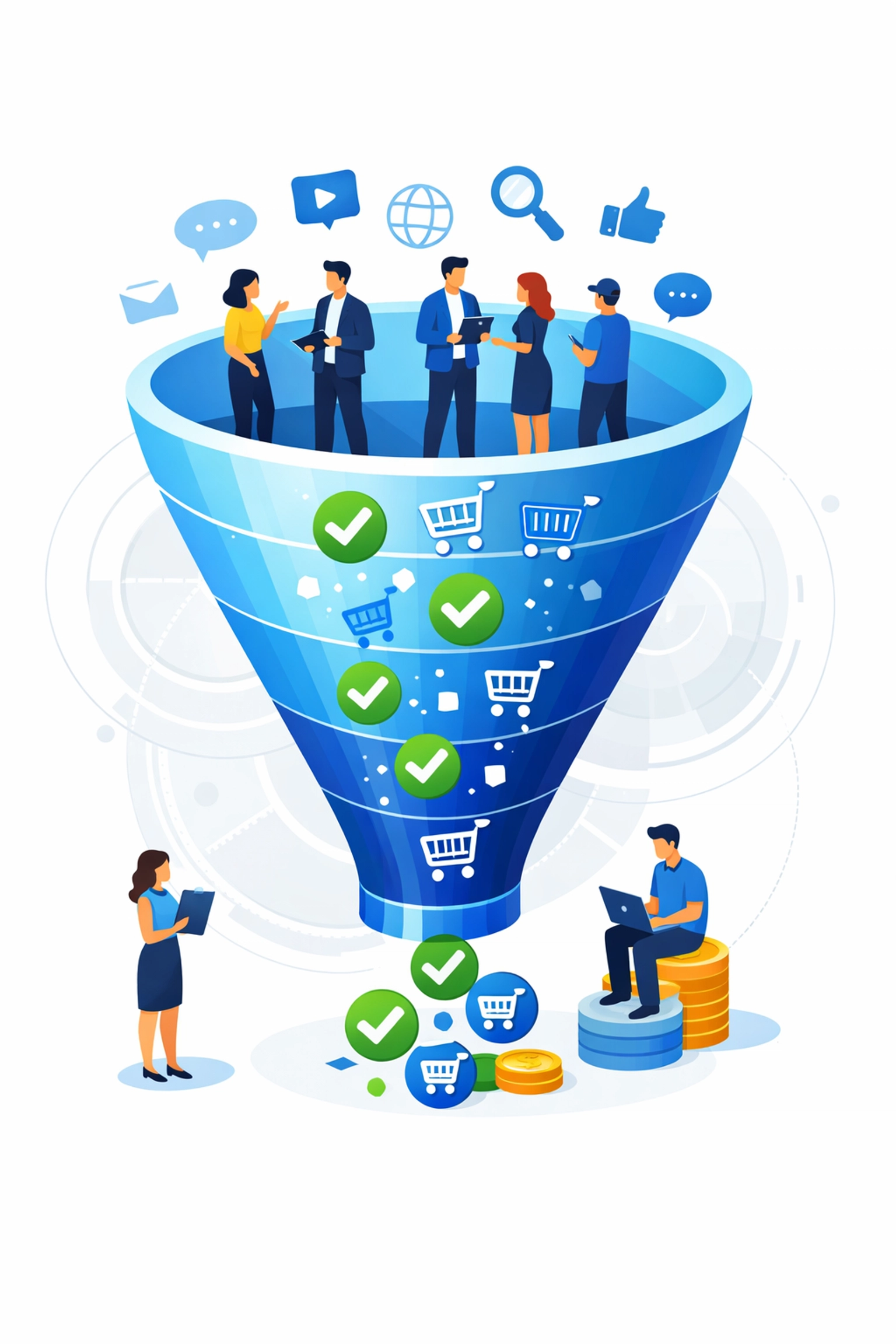 Marketing conversion funnel showing visitor retargeting and customer acquisition
