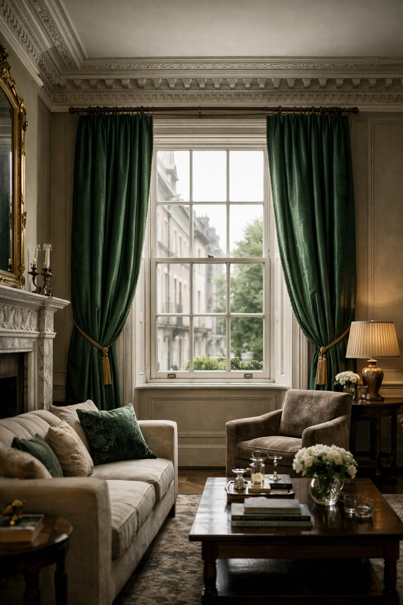 Classic Mayfair interior featuring original timber sash windows upgraded with soundproof secondary glazing