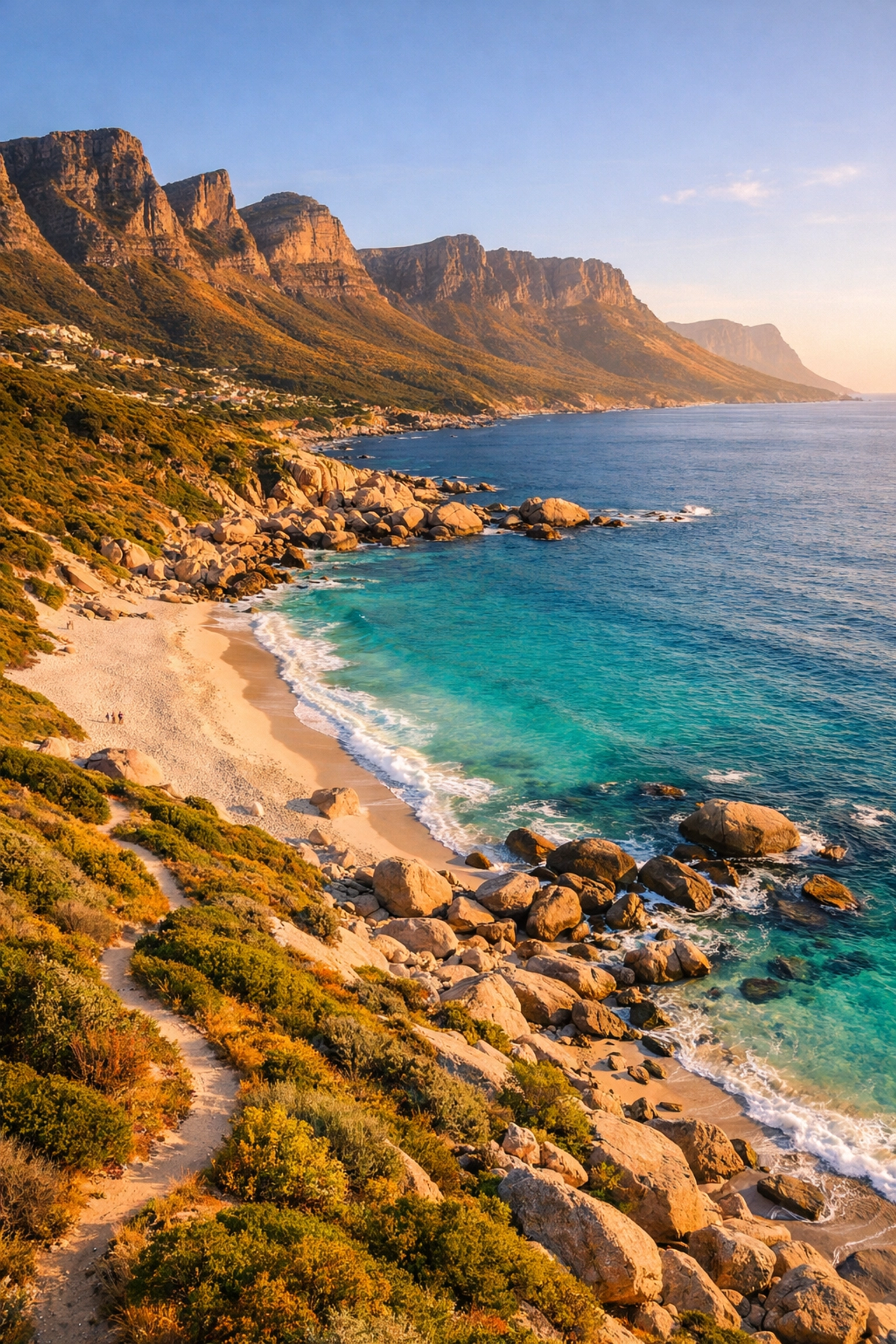 Sandy Bay beach trail leading to turquoise waters with Twelve Apostles mountains, Cape Town
