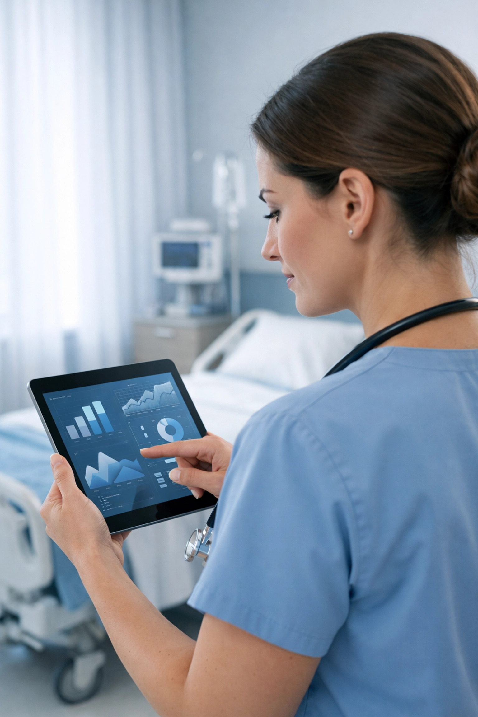 Nurse practitioner using AI clinical documentation tablet during patient care
