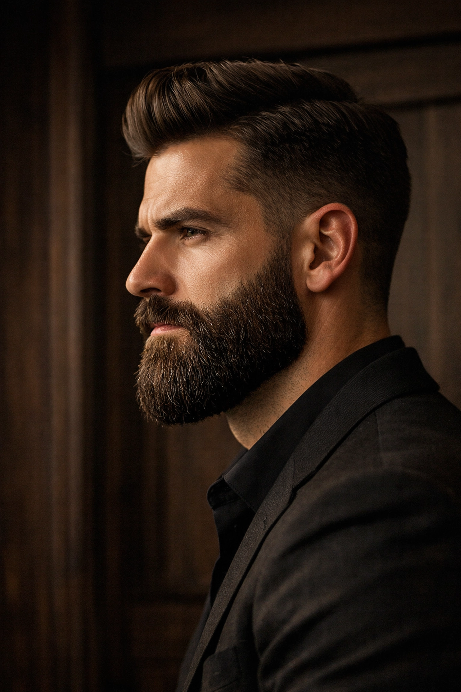 Close-up of a perfectly groomed masculine beard with a healthy sheen after using premium beard oil.