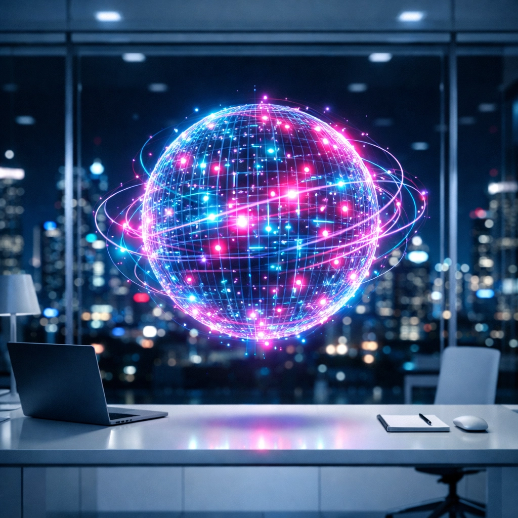 Leuchtende Daten-Sphäre im Büro symbolisiert die 24/7 Erreichbarkeit durch KI-Chatbots im Kundenservice.