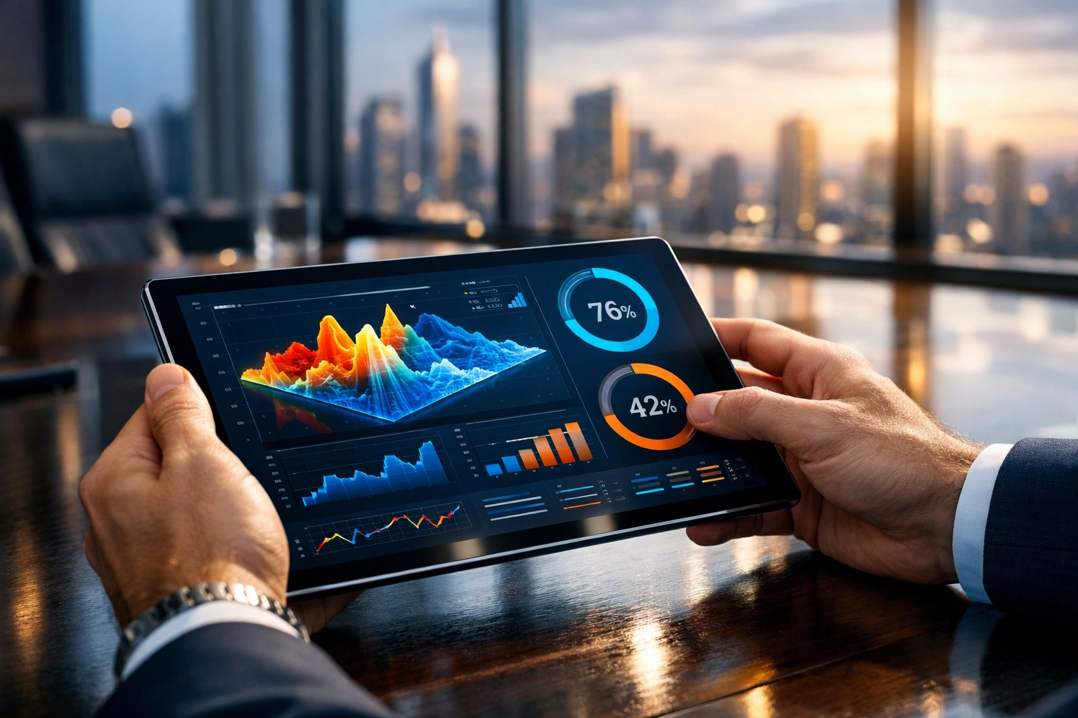 Executive monitoring workforce analytics on a real-time data dashboard.