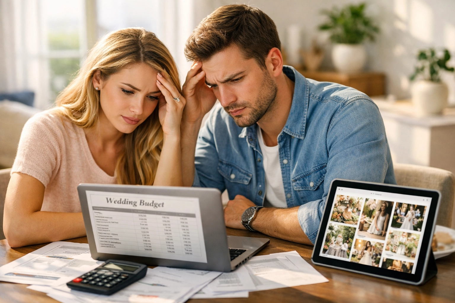 Engaged couple reviewing wedding budget and costs on laptop while planning their big day