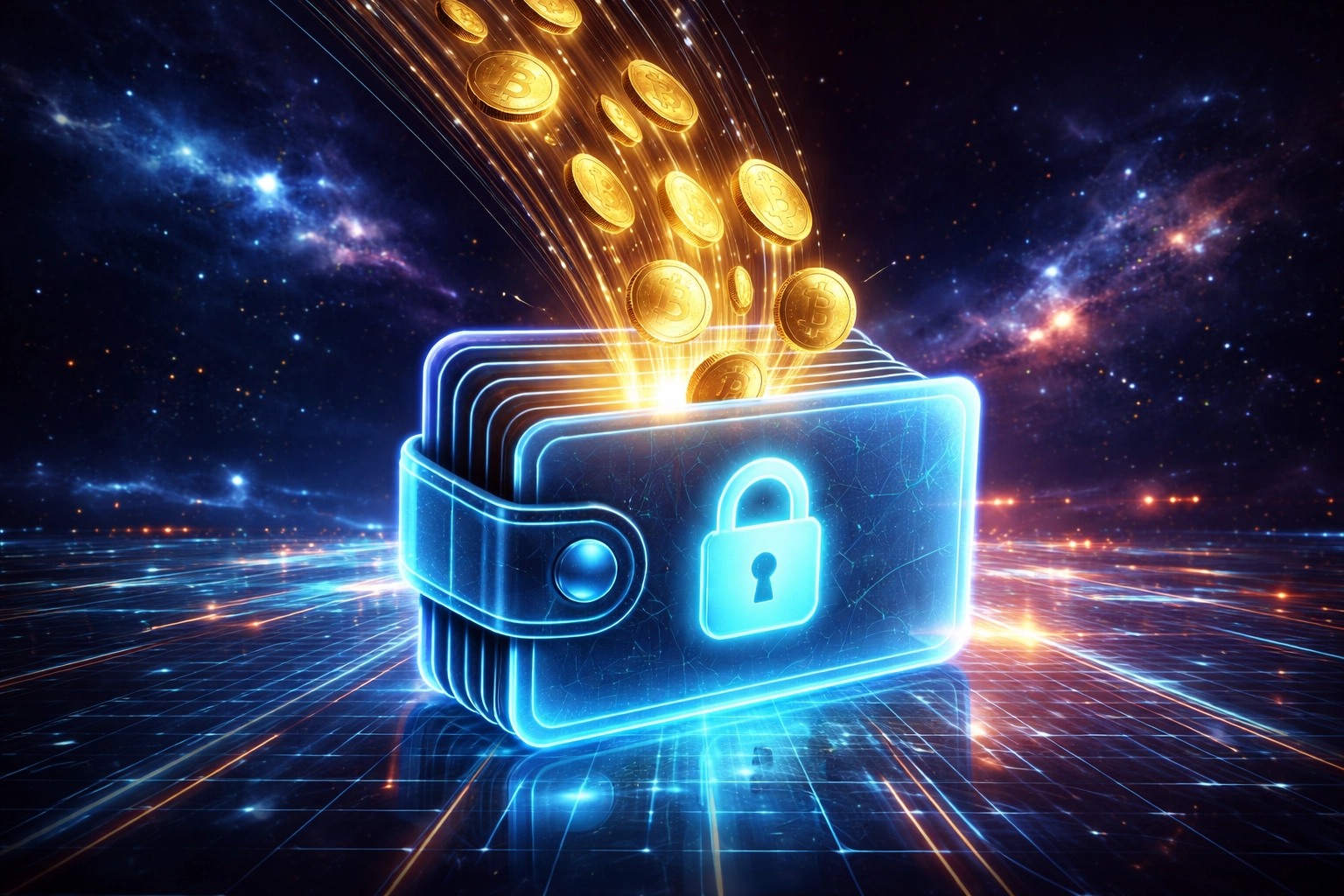 Glowing digital wallet surrounded by cryptocurrency coins, symbolizing self-custody and secure crypto payments in the metaverse.