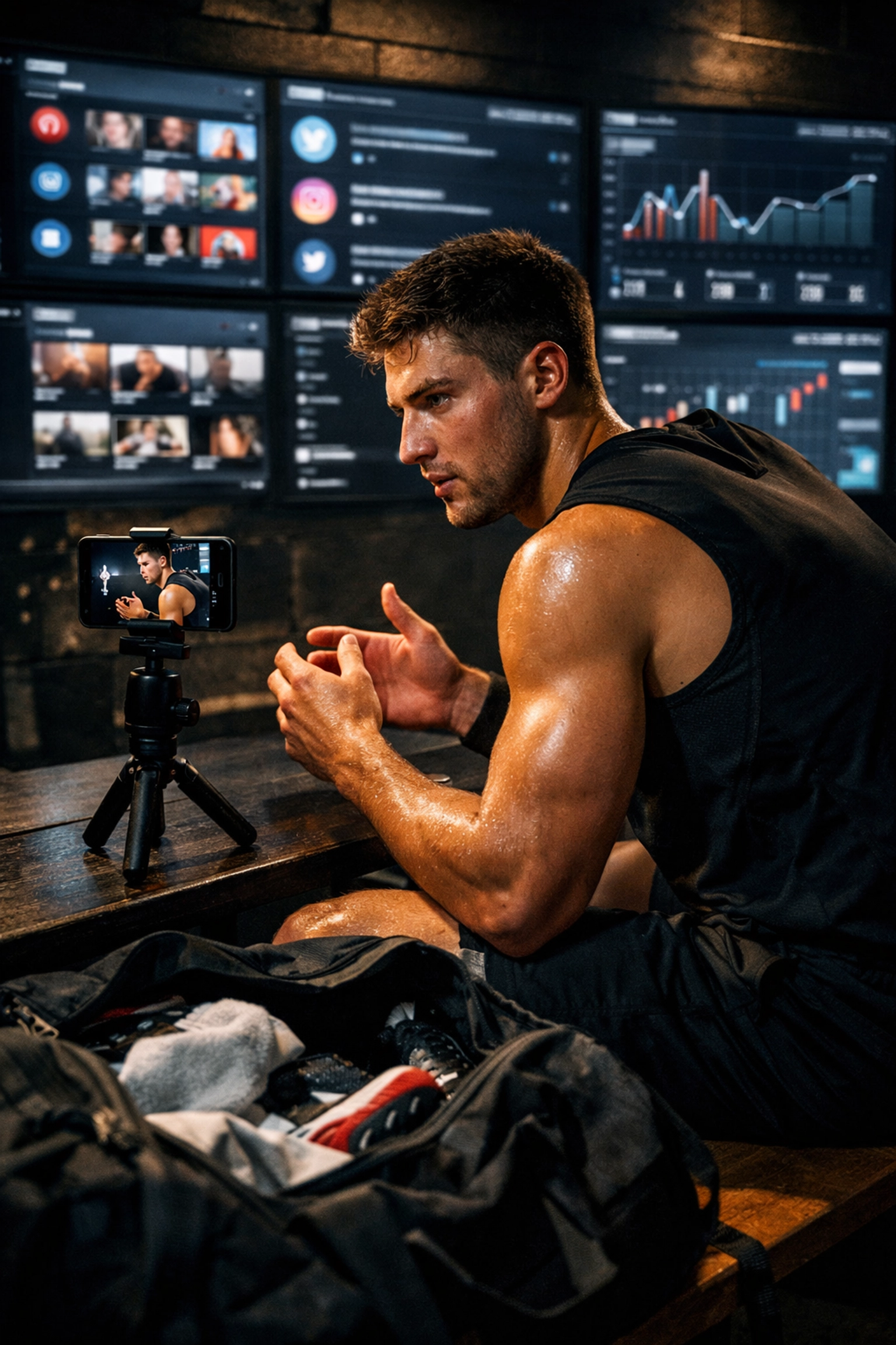 College athlete filming digital marketing content in a locker room for NIL brand distribution.