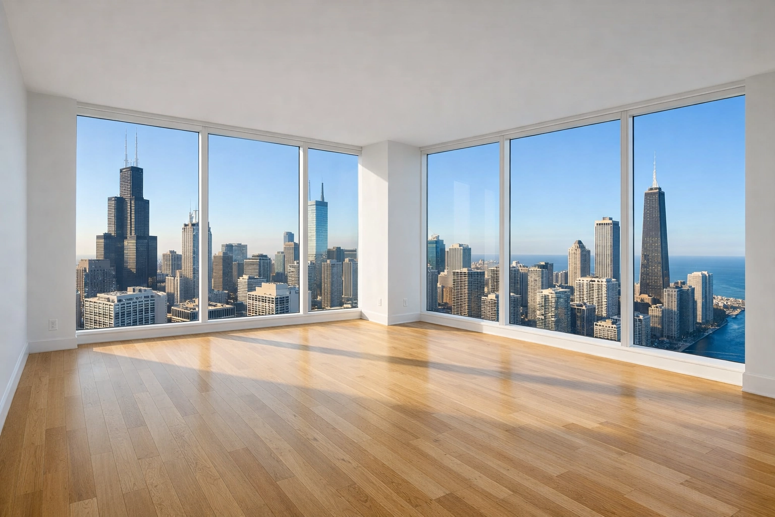 A pristine, empty Chicago high-rise apartment after a successful move-out cleaning service turnover.