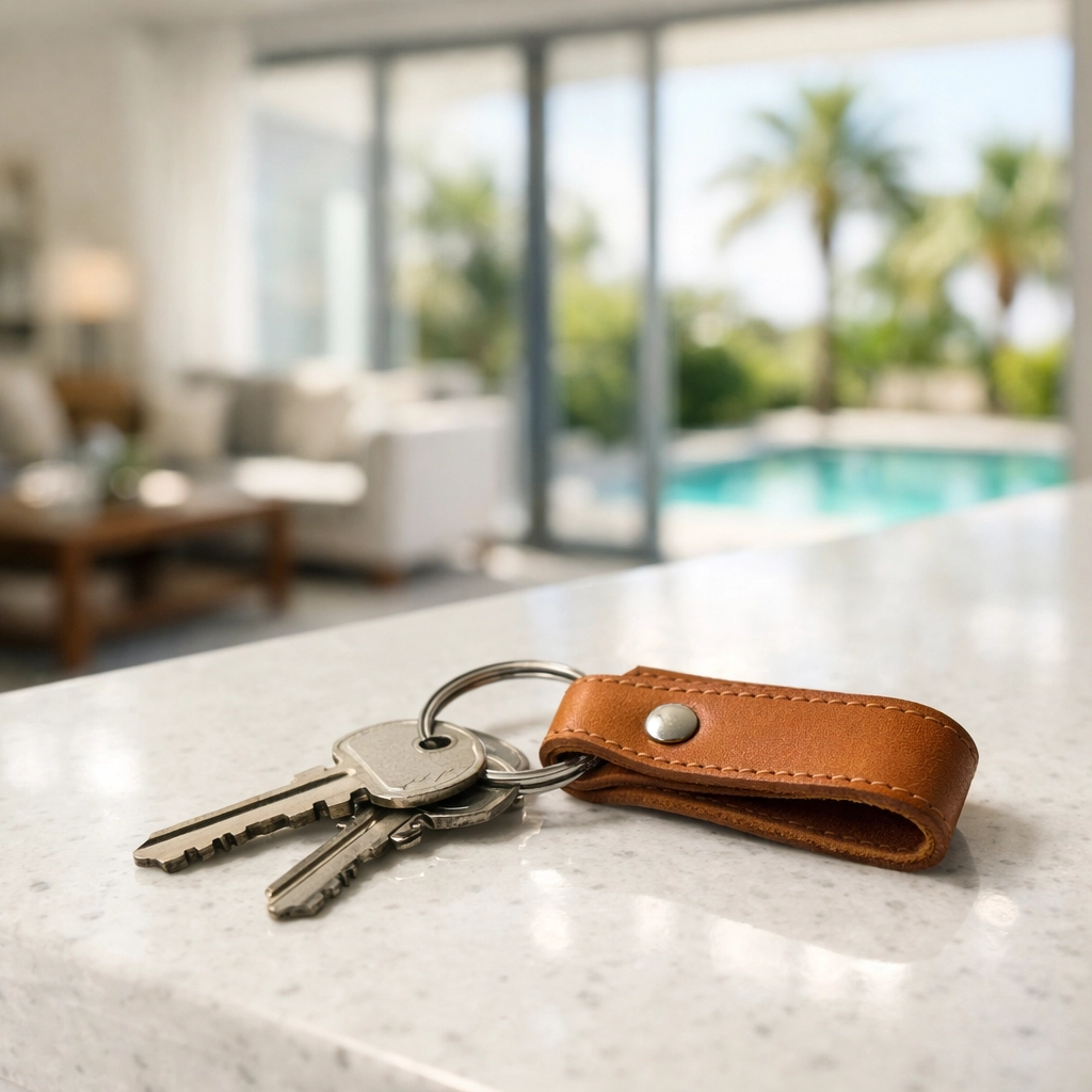 Successful home closing in Cape Coral featuring house keys in a bright, modern living room.