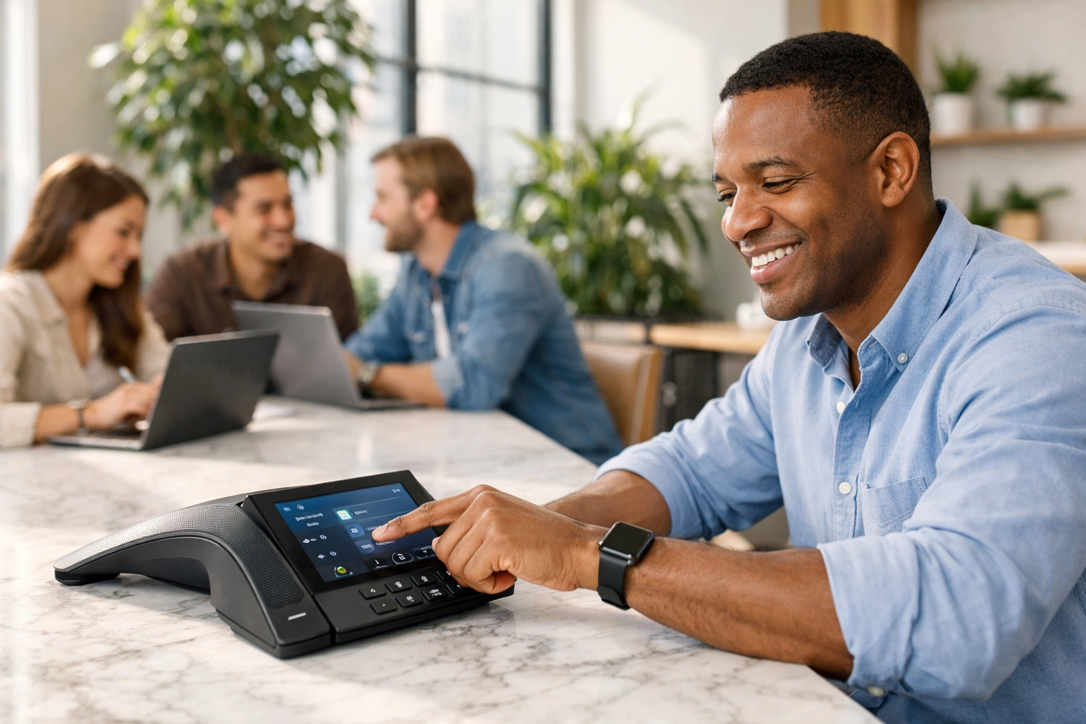 Modern office team using an IP conference phone, showcasing effective business VoIP communication solutions.