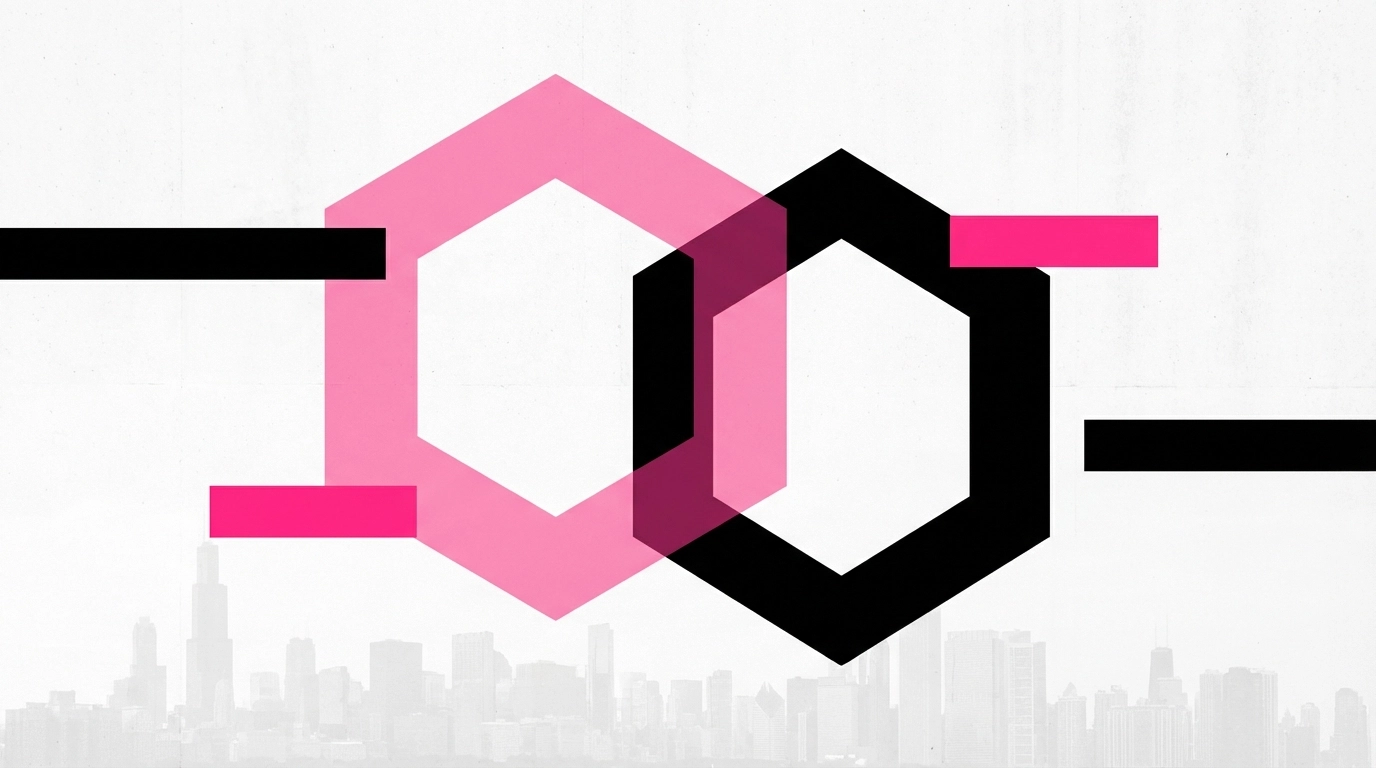 Abstract black-and-white geometric forms drifting apart with bold black and pink accents, suggesting calm privacy and peaceful separation.