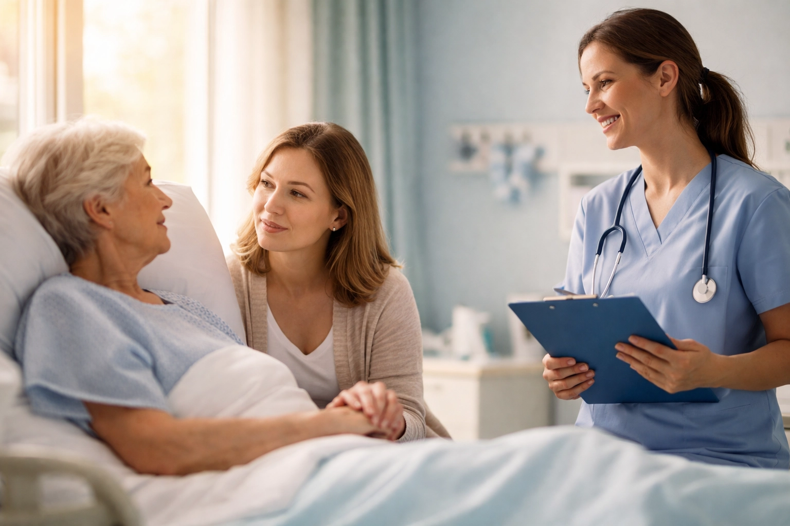 Hospital discharge planner discussing care options with family for Sarasota senior living